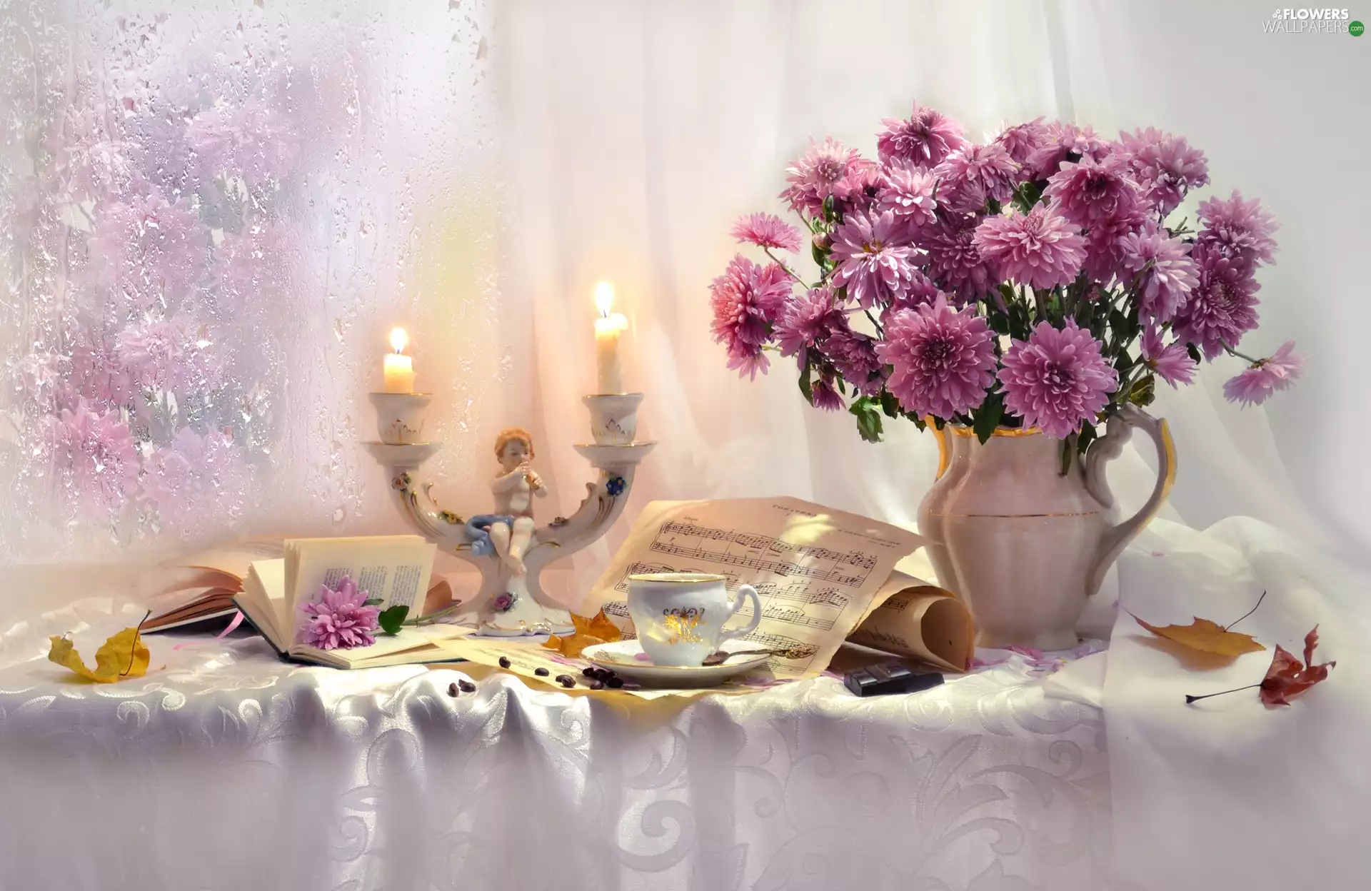 Tunes, Chrysanthemums, candlestick, Window, Candles, Flowers, bouquet, composition, Book, cup