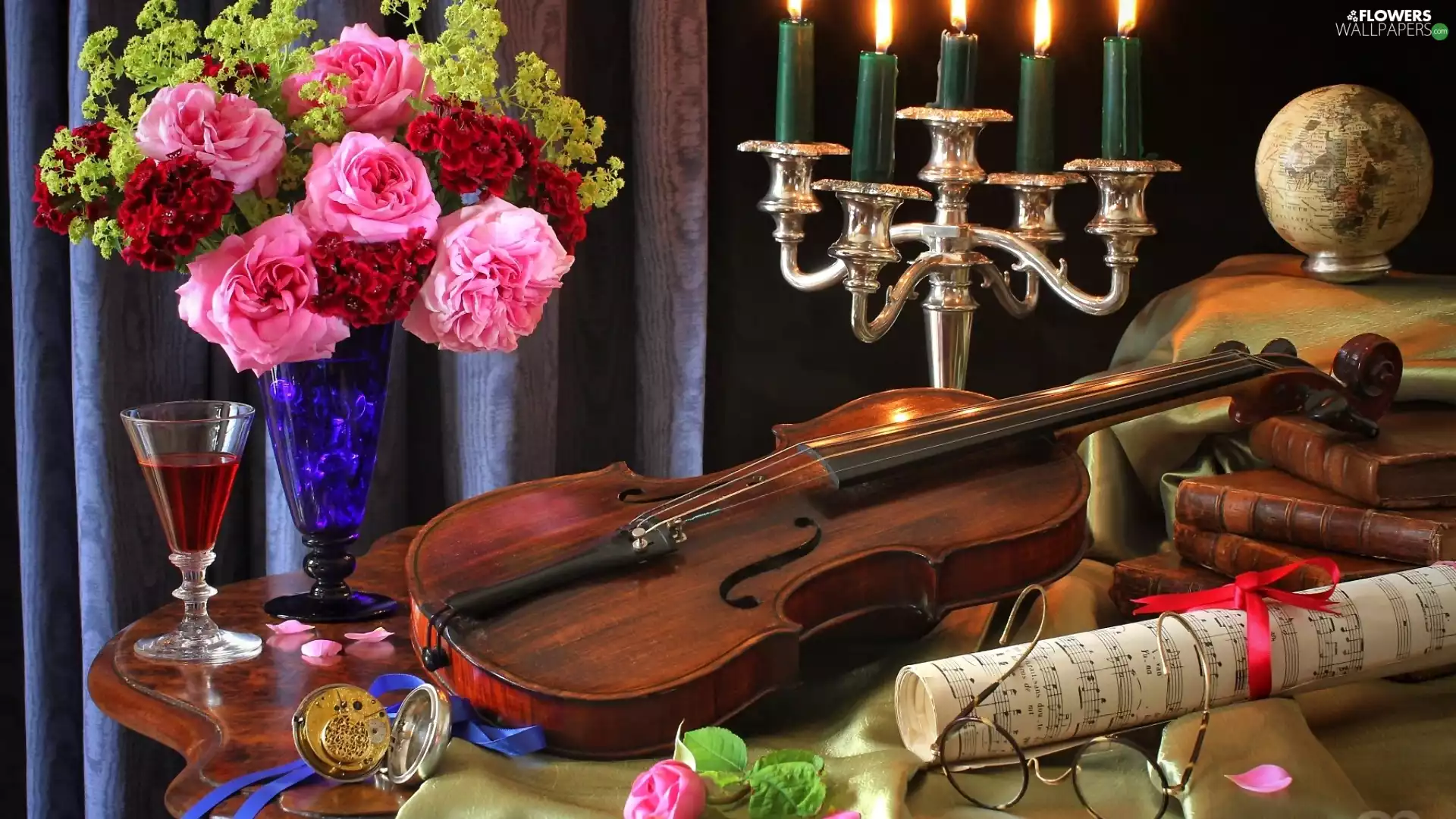 Flowers, violin, candlestick, Tunes, roses, bouquet