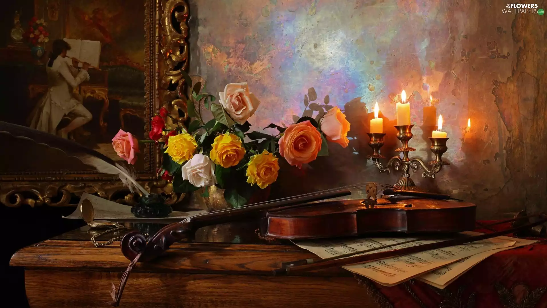 roses, picture, Candles, violin, candlestick, bouquet, composition, Tunes