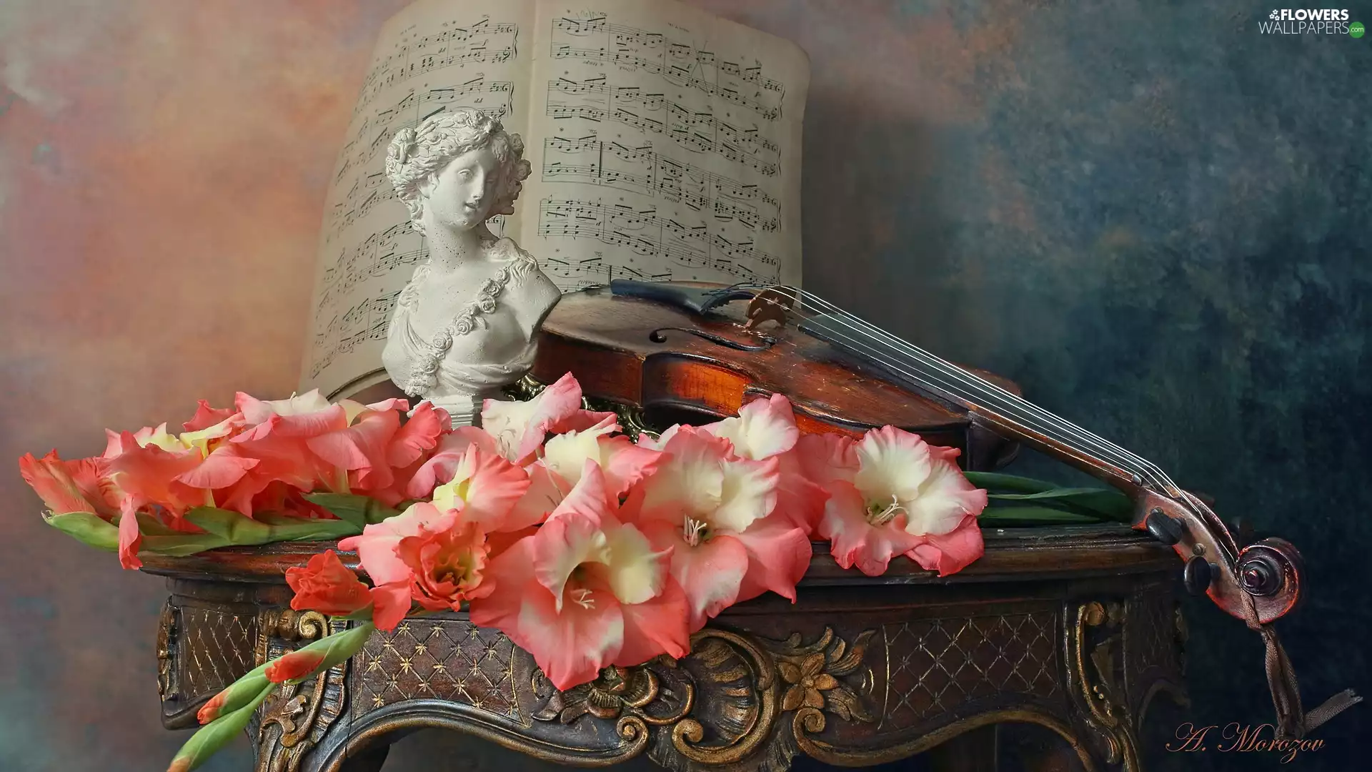 Flowers, violin, table, Tunes, bust, gladioli, composition