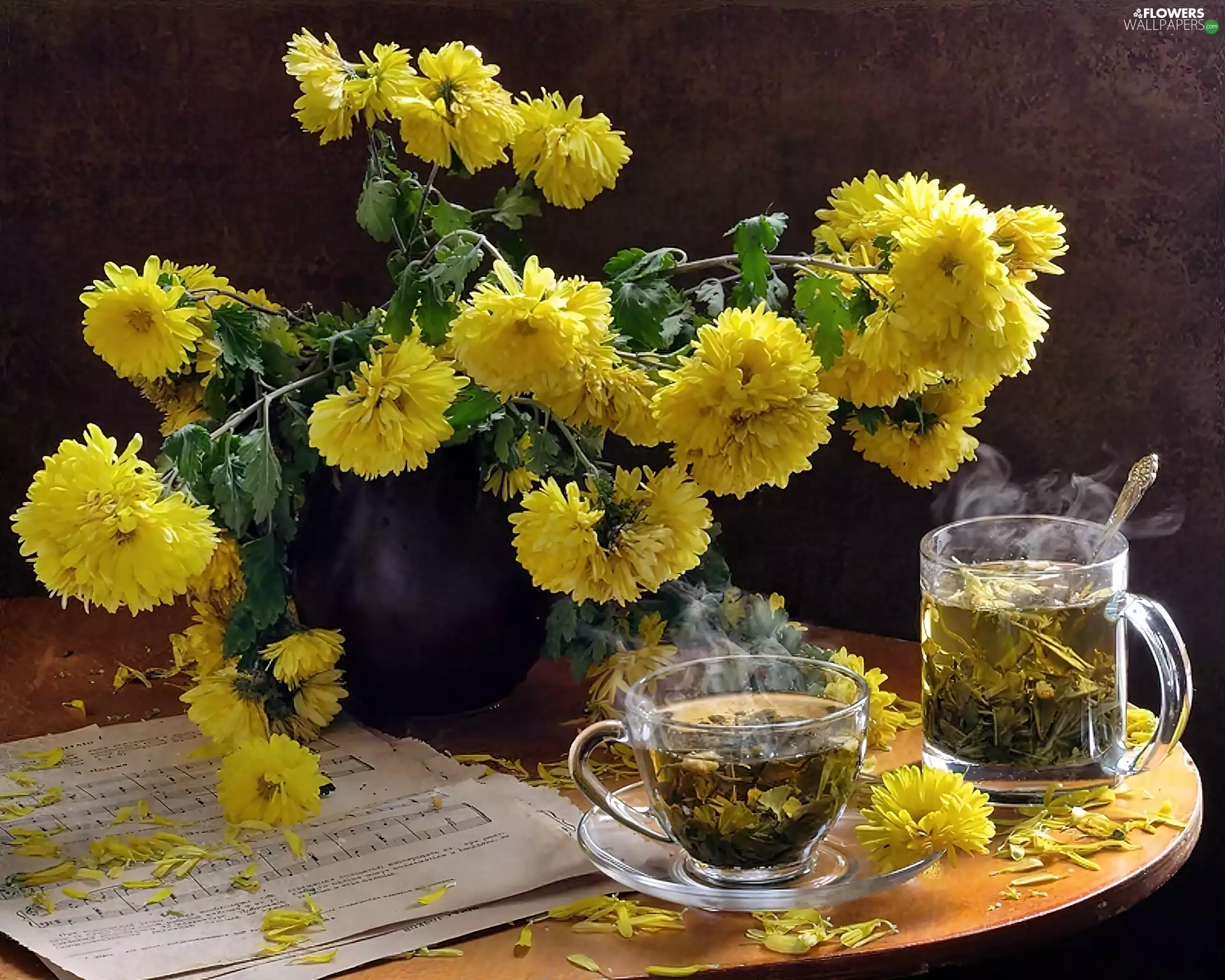 Chrysanthemums, Tunes, tea, Yellow, cups