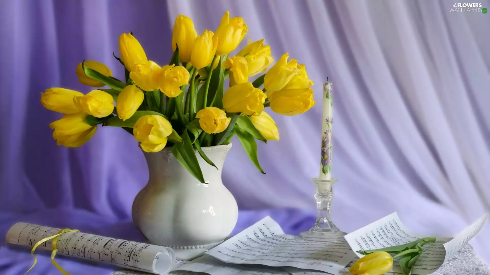candle, Tunes, Tulips, Vase, Yellow