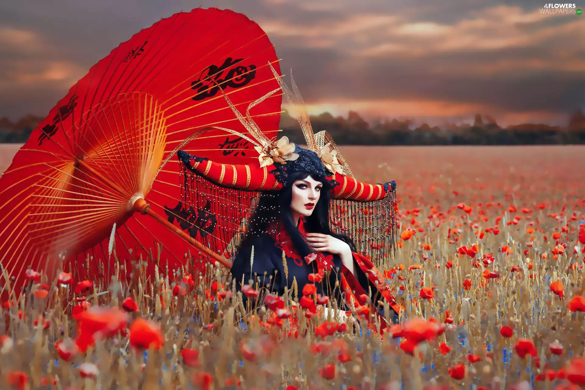 Red, Umbrella, Women, horns, papavers