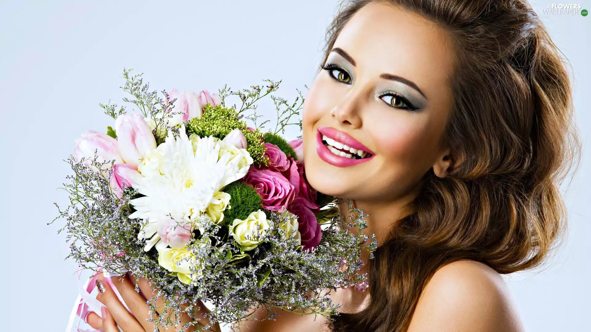 Smile, Women, Flowers, bouquet, light brown, make-up
