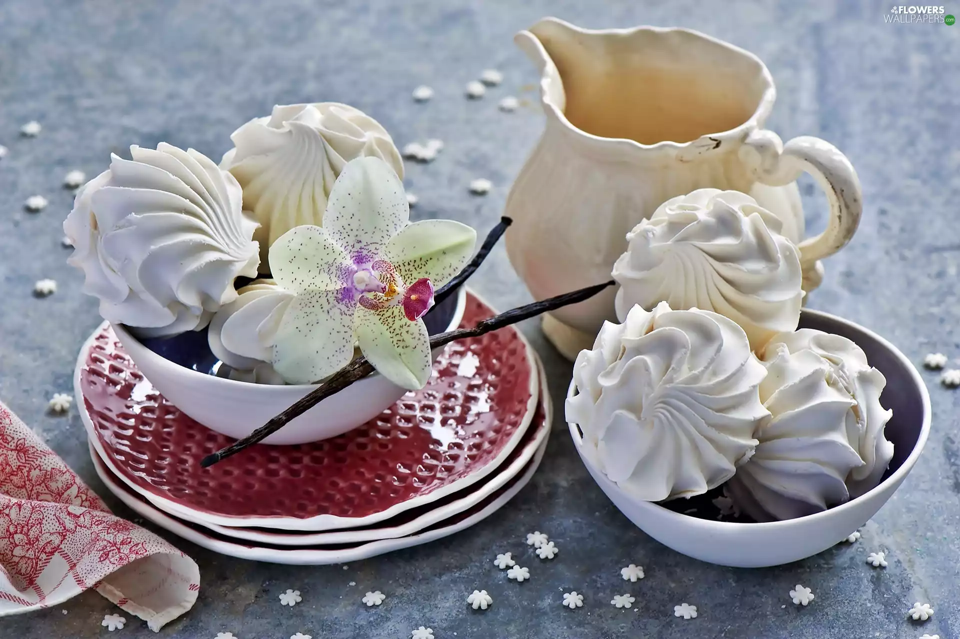 meringues, orchid, china, vanilla