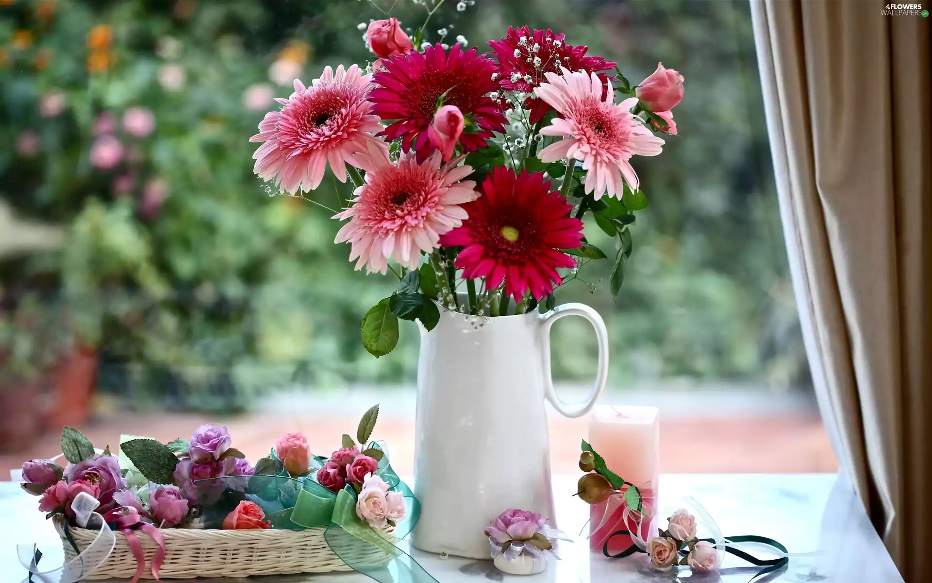 Flowers, gerberas, background, roses, fuzzy, composition, parapet, Vase