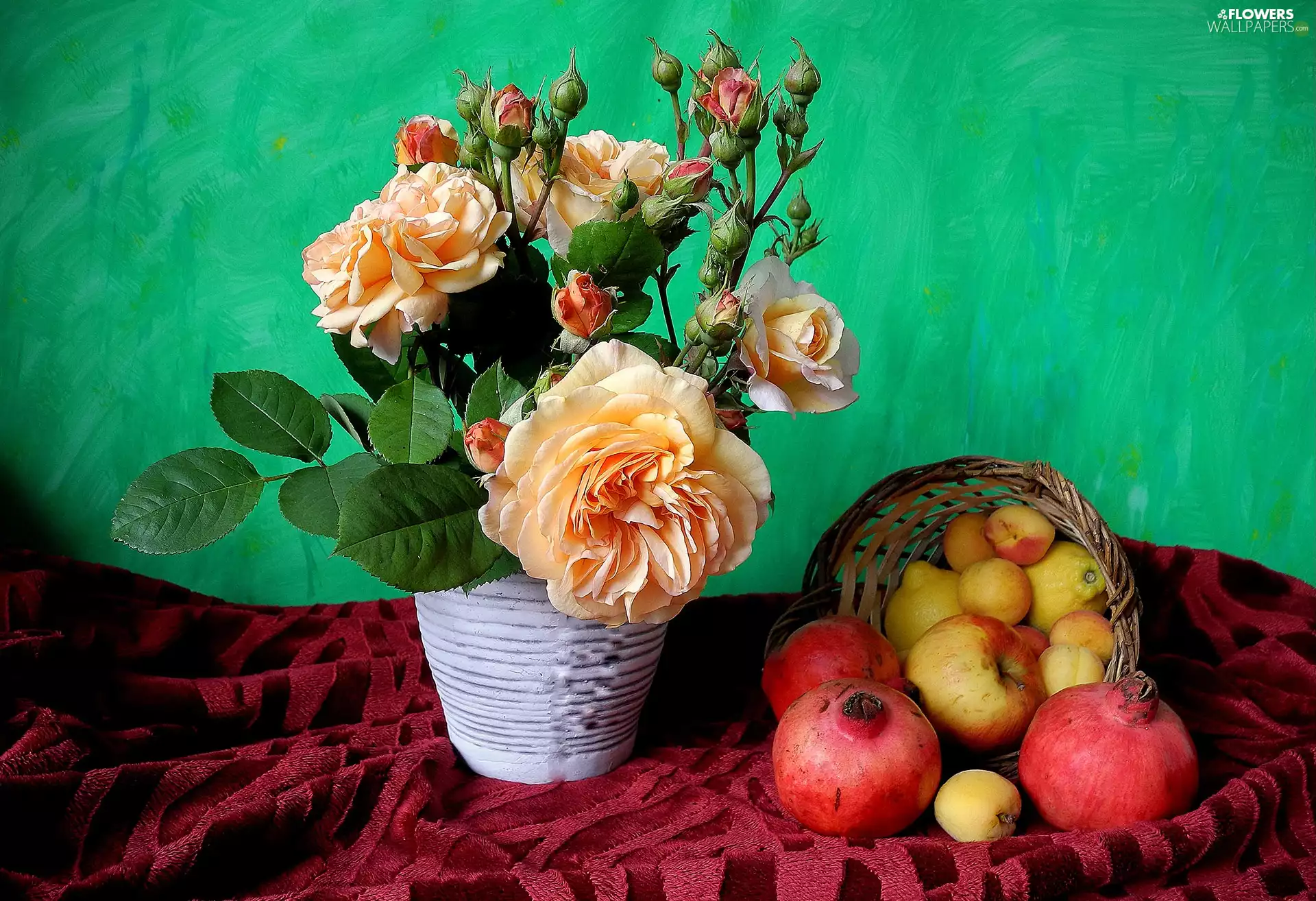 grenades, roses, basket, vase, bouquet, apples, composition