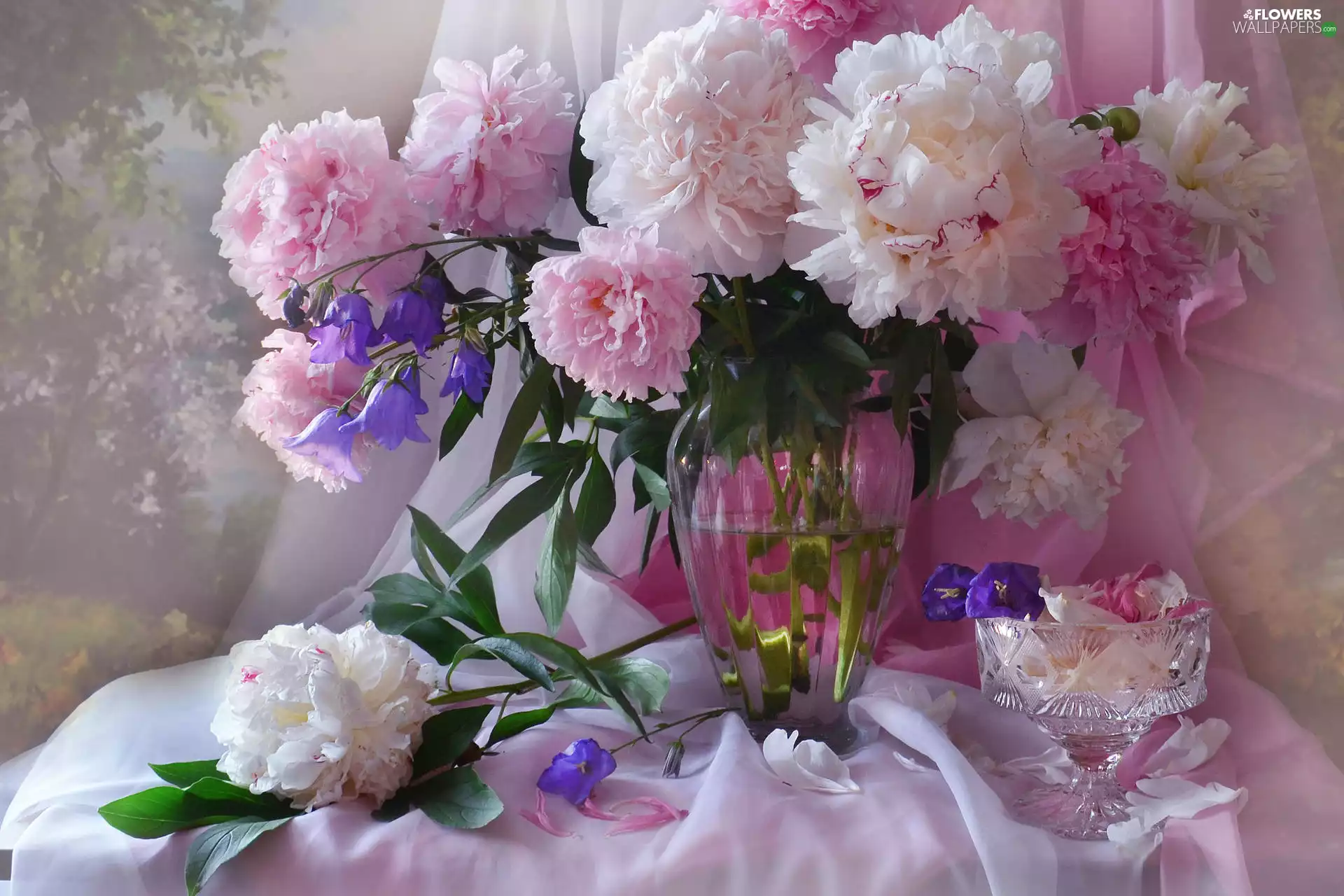 glass, Vase, bouquet, Peonies, Flowers