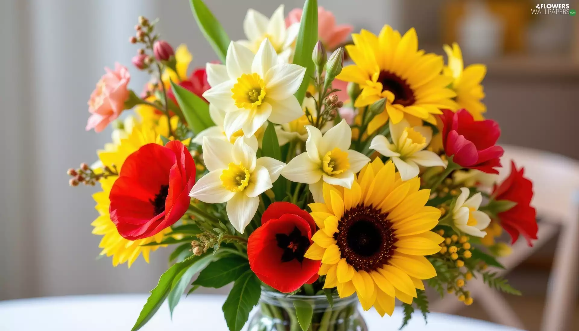 papavers, Flowers, bouquet, Vase, narcissus, Nice sunflowers