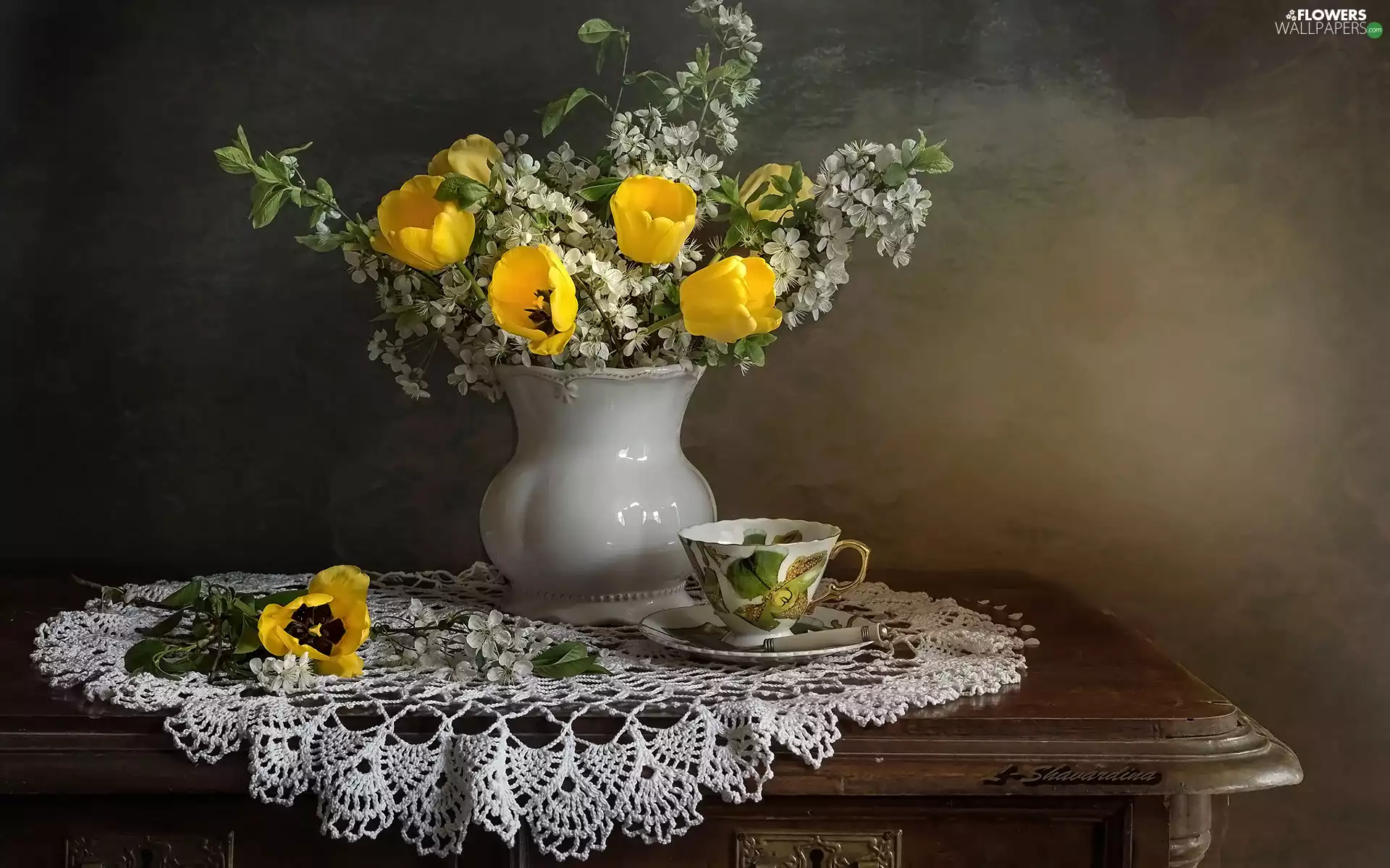Vase, Flourished, Yellow, tablecloth, Tulips, Flowers, Twigs, cup, cup, bouquet