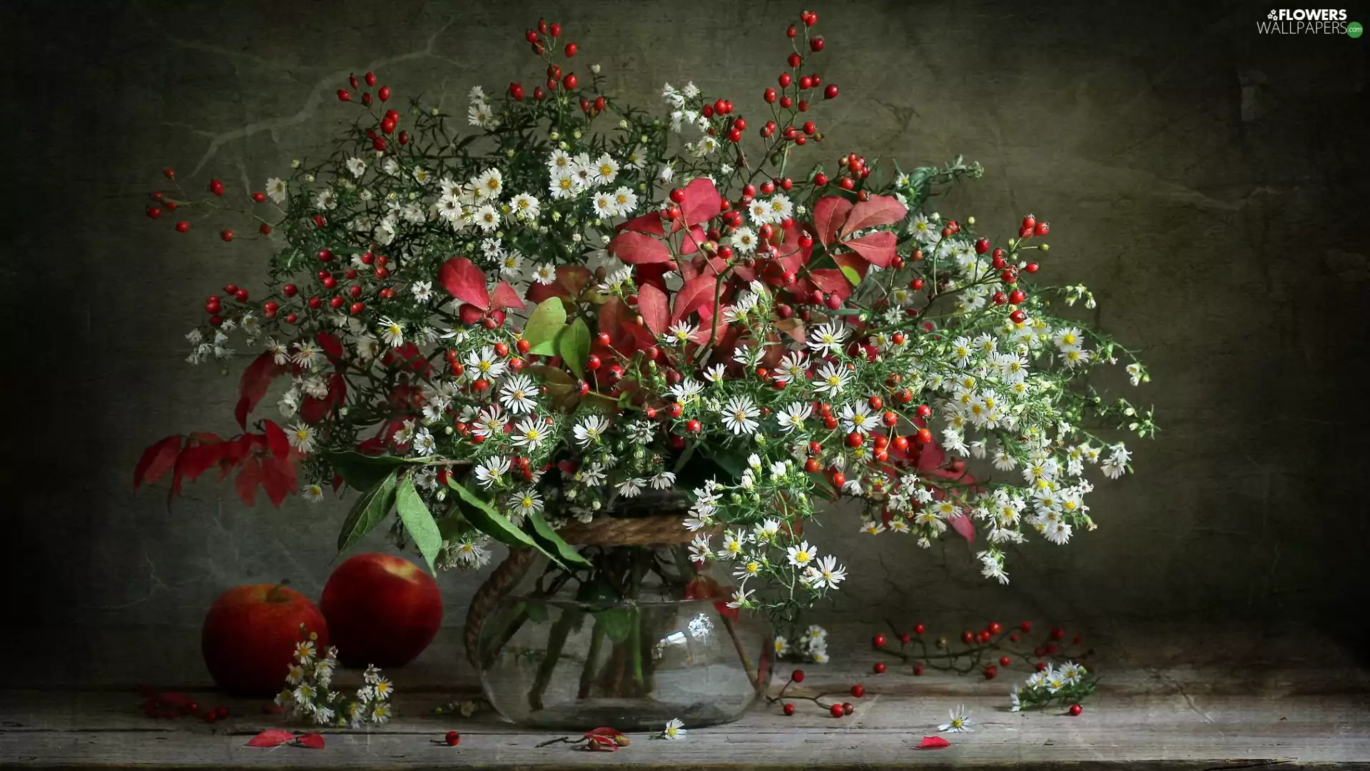 Erigeron, apples, bouquet, Vase, Leaf, Flowers