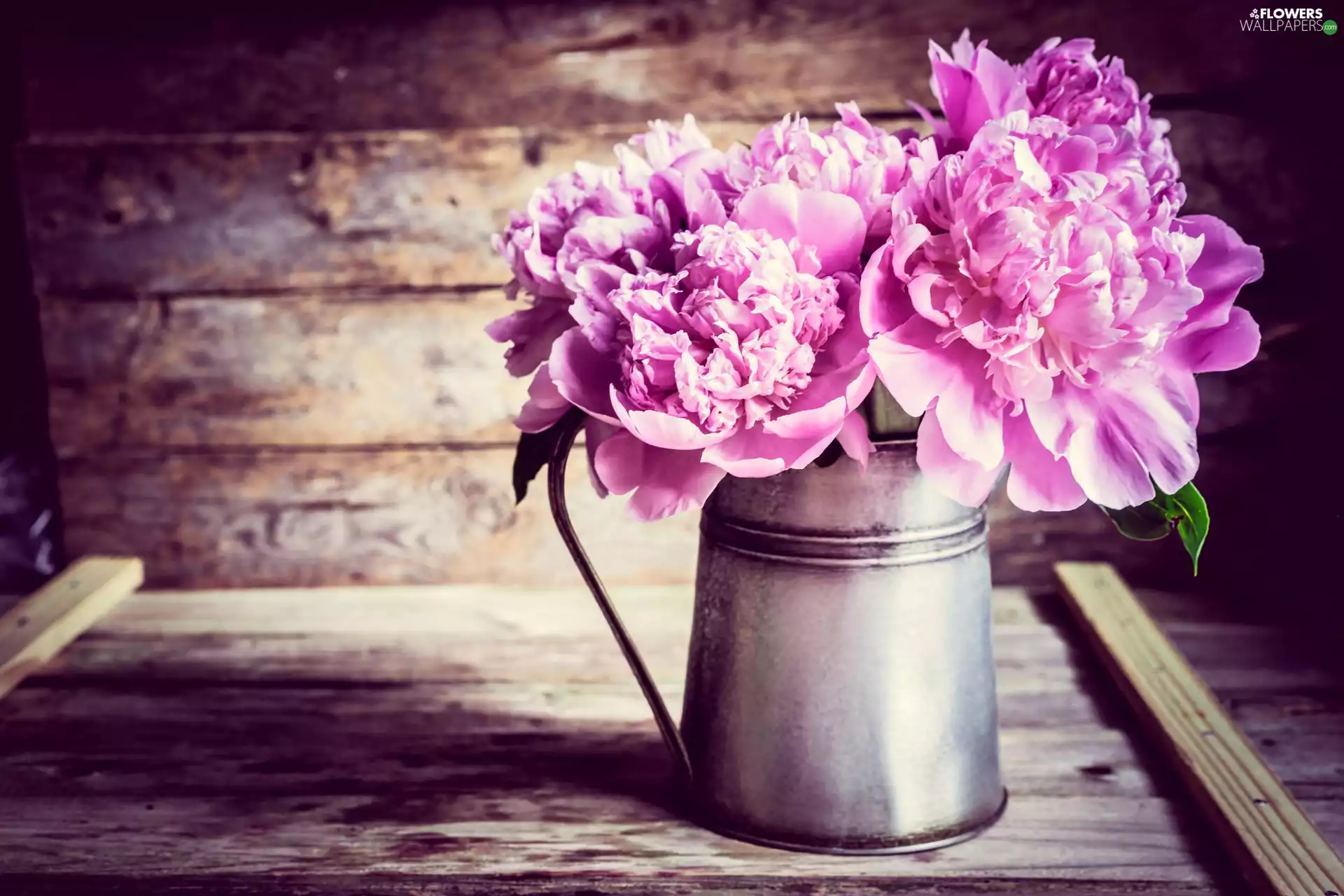 Metal, vase, flowers, Peonies, bouquet