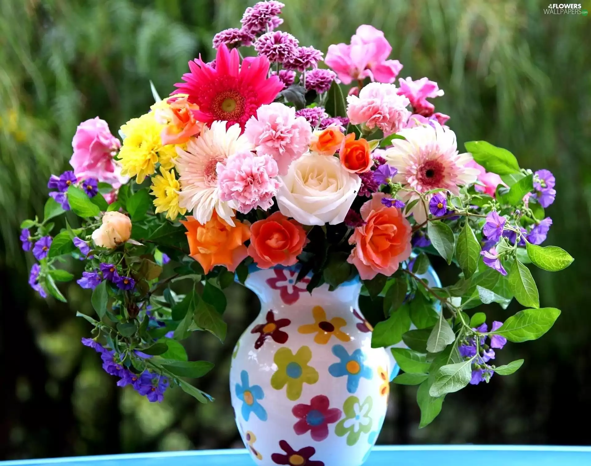 gerberas, Vase, flowers, roses, bouquet