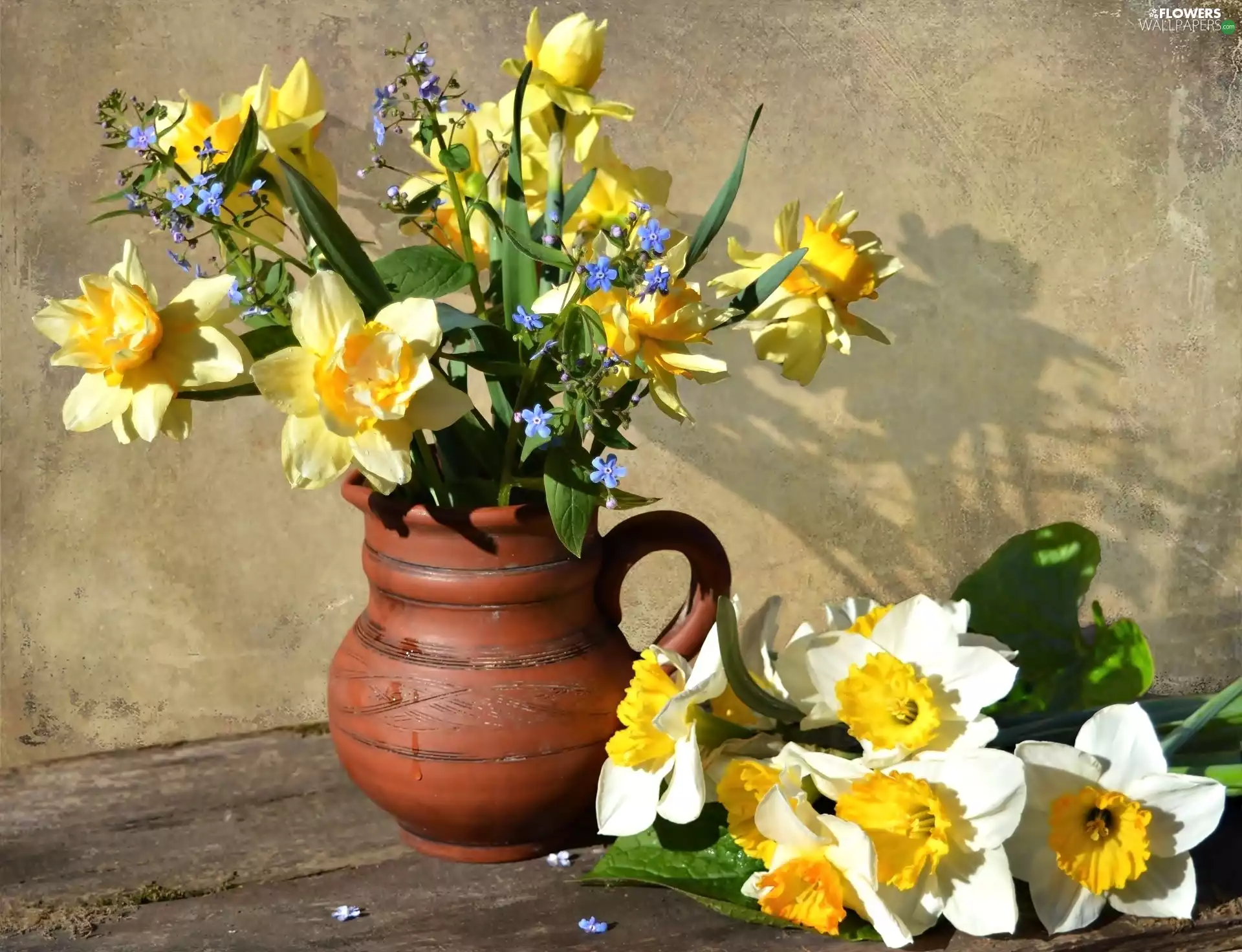 bouquet, composition, Forget, Vase, Daffodils, Flowers