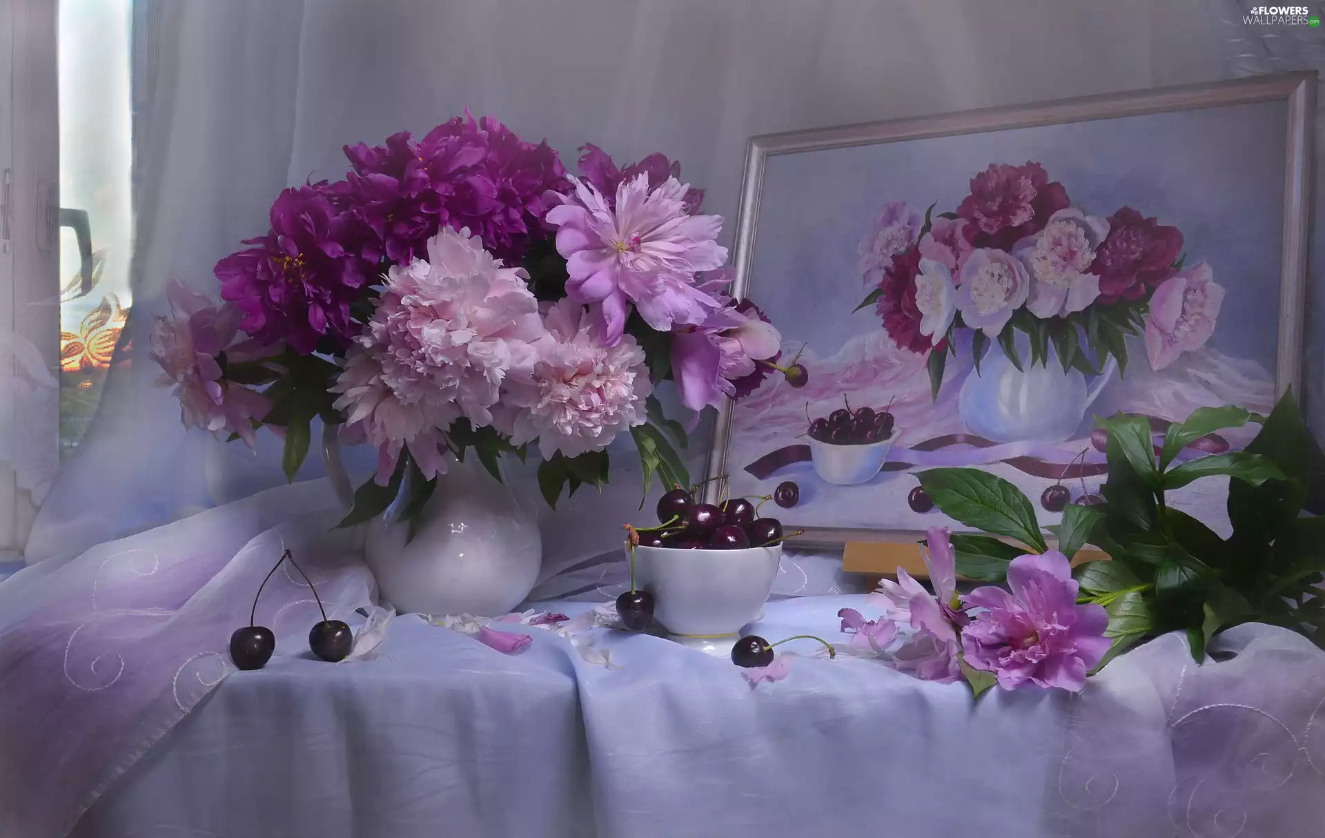 Vase, Bouquet of Flowers, cherries, Peonies, Flowers, picture, tablecloth