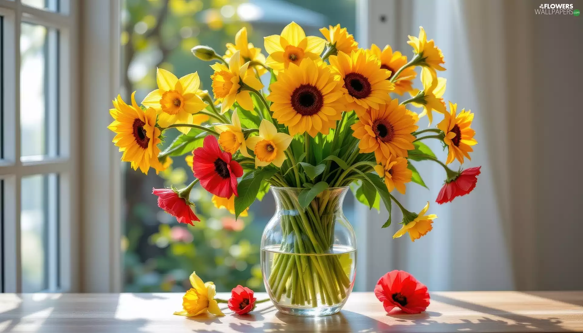 Nice sunflowers, Flowers, Vase, Window, papavers, bouquet