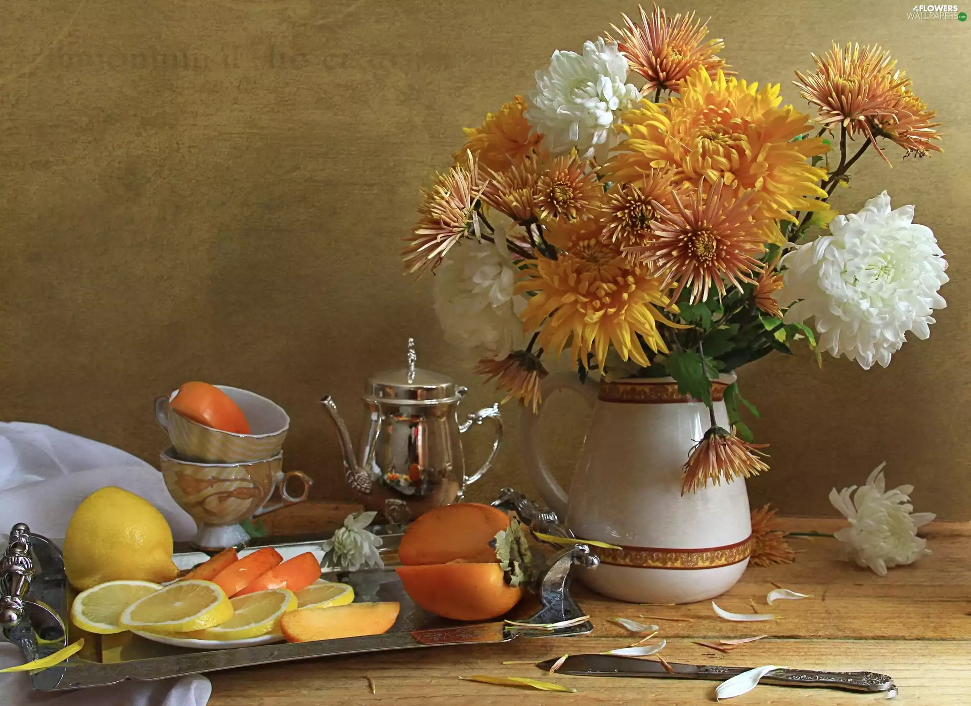 Flowers, lemons, Tray, Vase