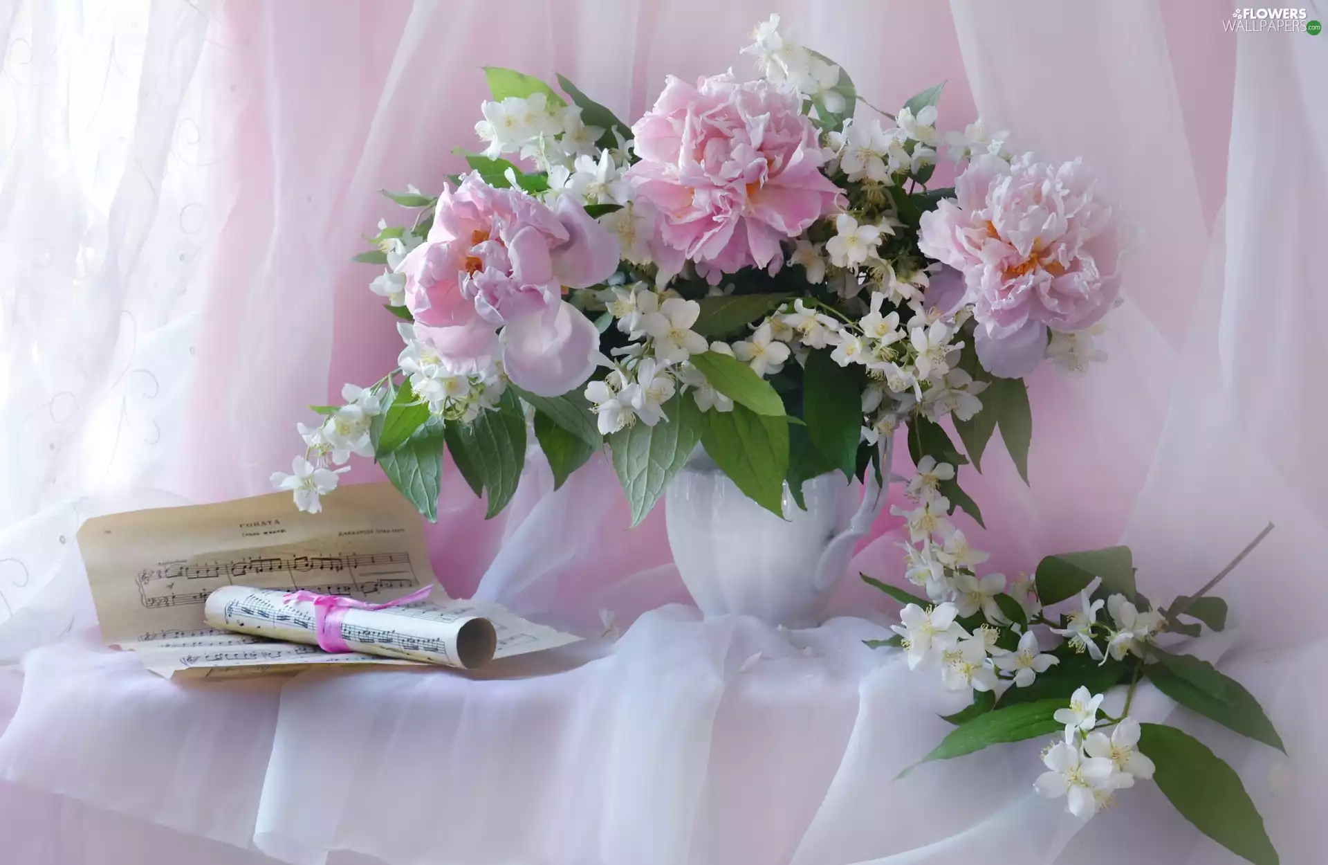 Mock Orange, Tunes, Vase, Peonies, Flowers