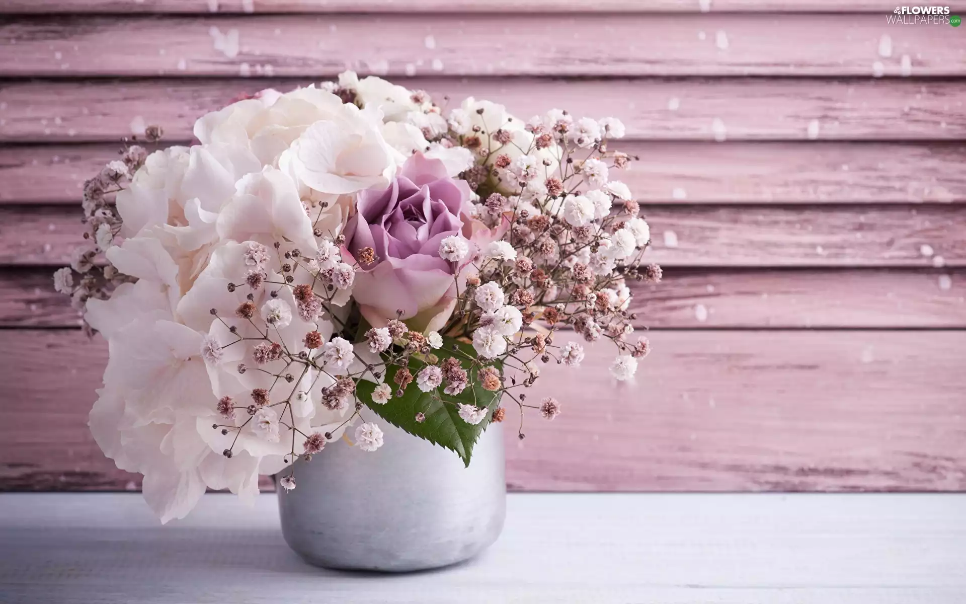 rose, Flowers, bouquet, Vase, Gipsówka, hydrangea