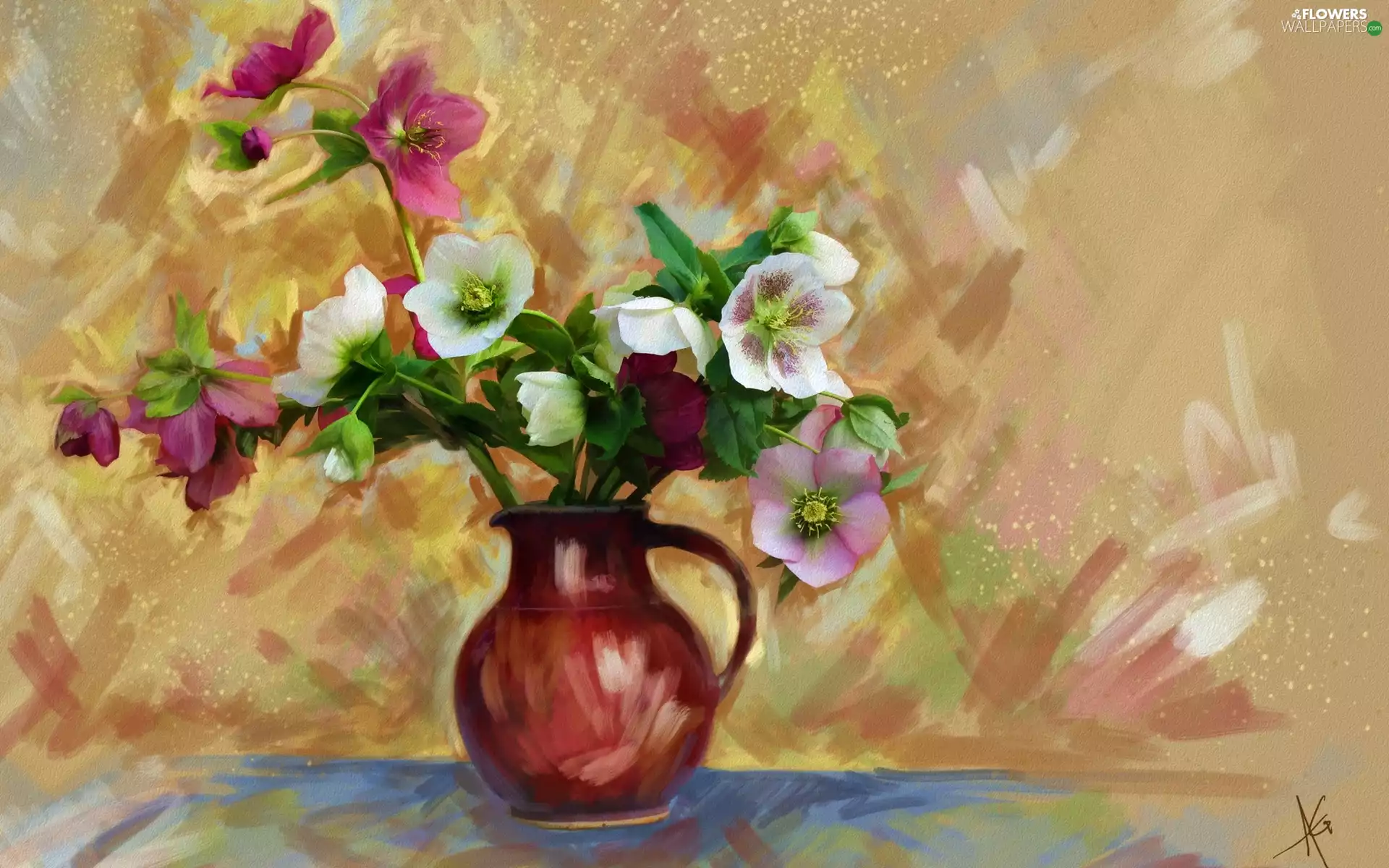 Vase, Art Image, Flowers, bouquet, Helleborus