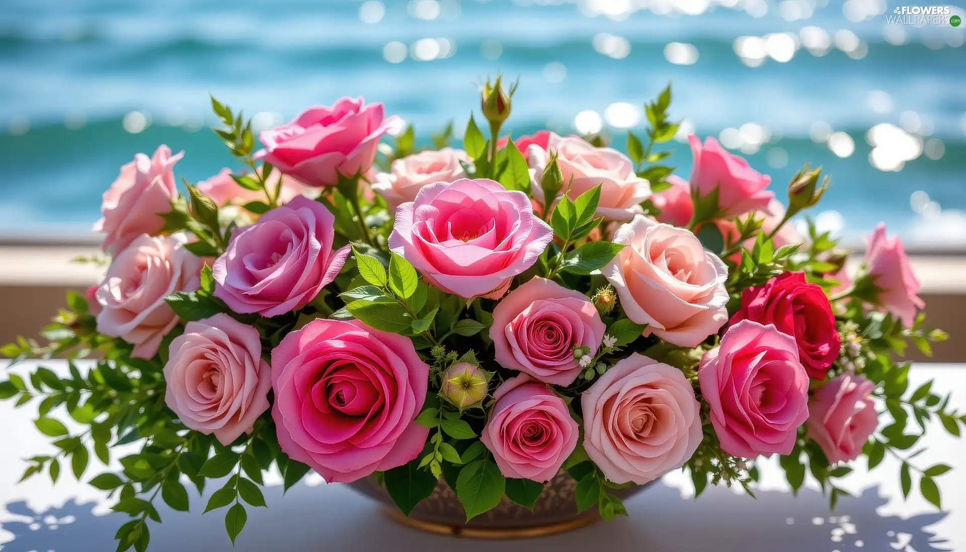 roses, Flowers, bouquet, Vase, leaves, Pink