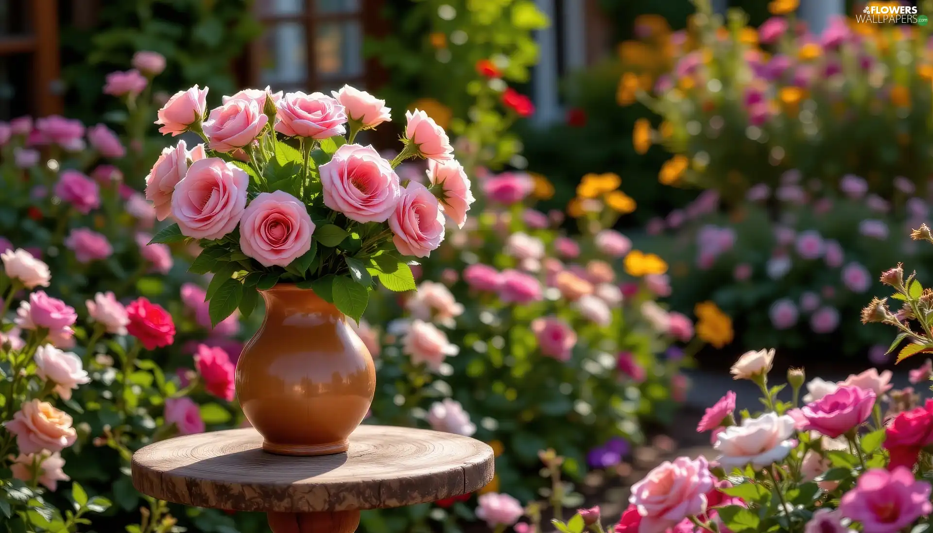Brown, Vase, Pink, roses, Flowers