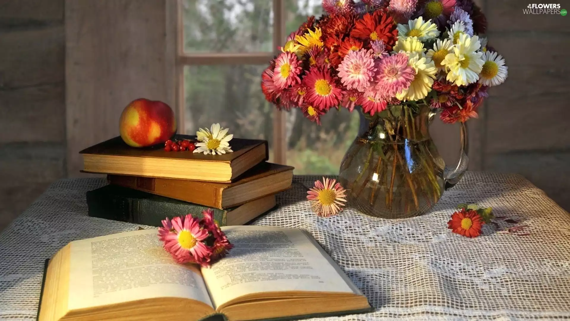 Vase, tablecloth, bouquet, flowers, Books