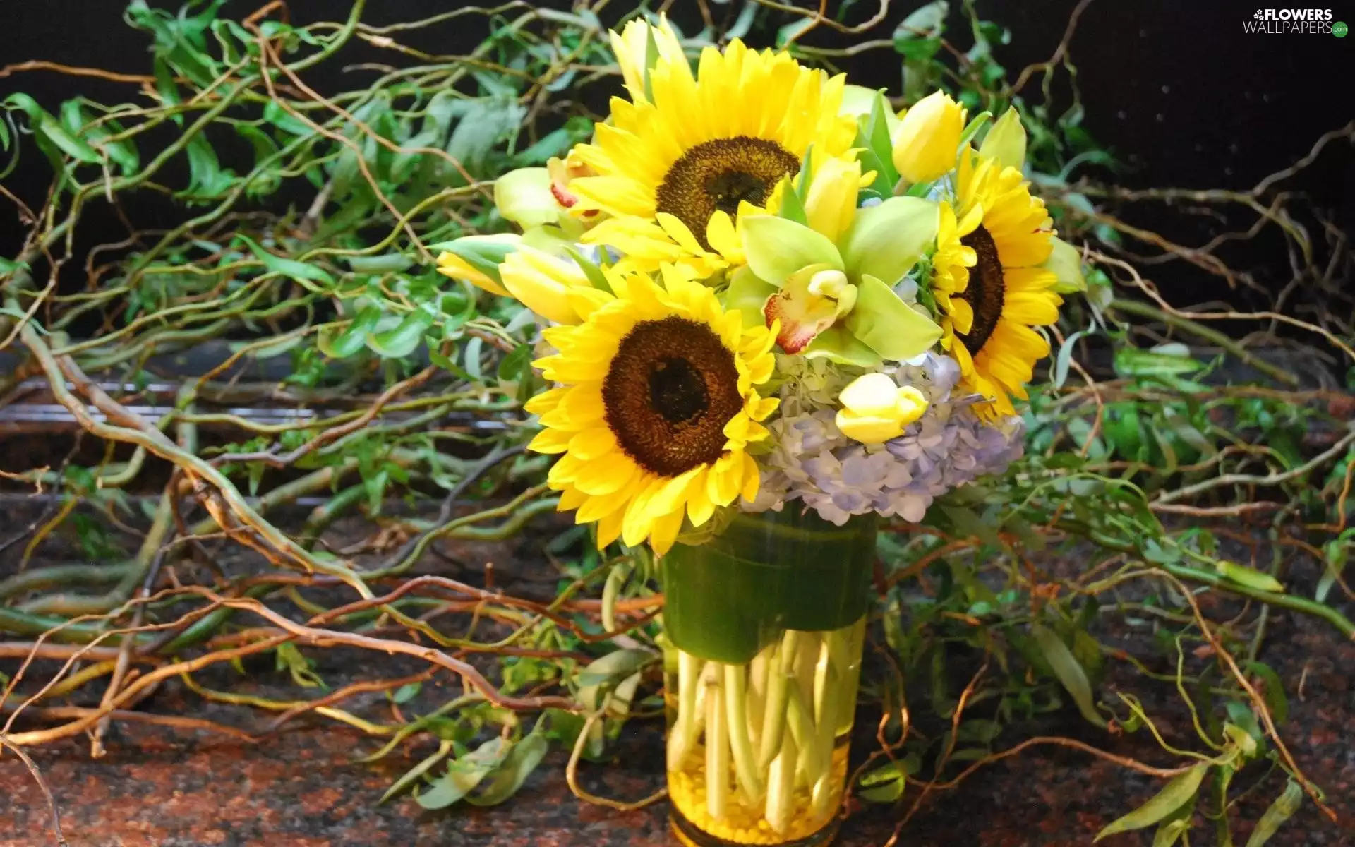 bouquet, Vase, Twigs, Nice sunflowers