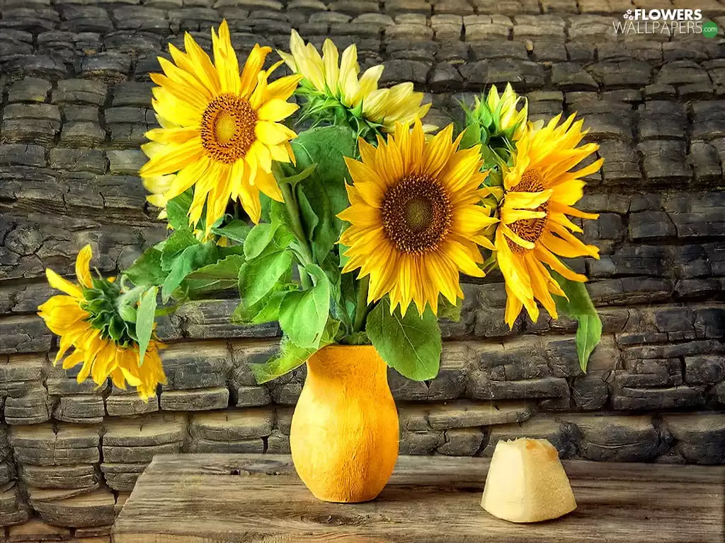 wall, Nice sunflowers, Vase