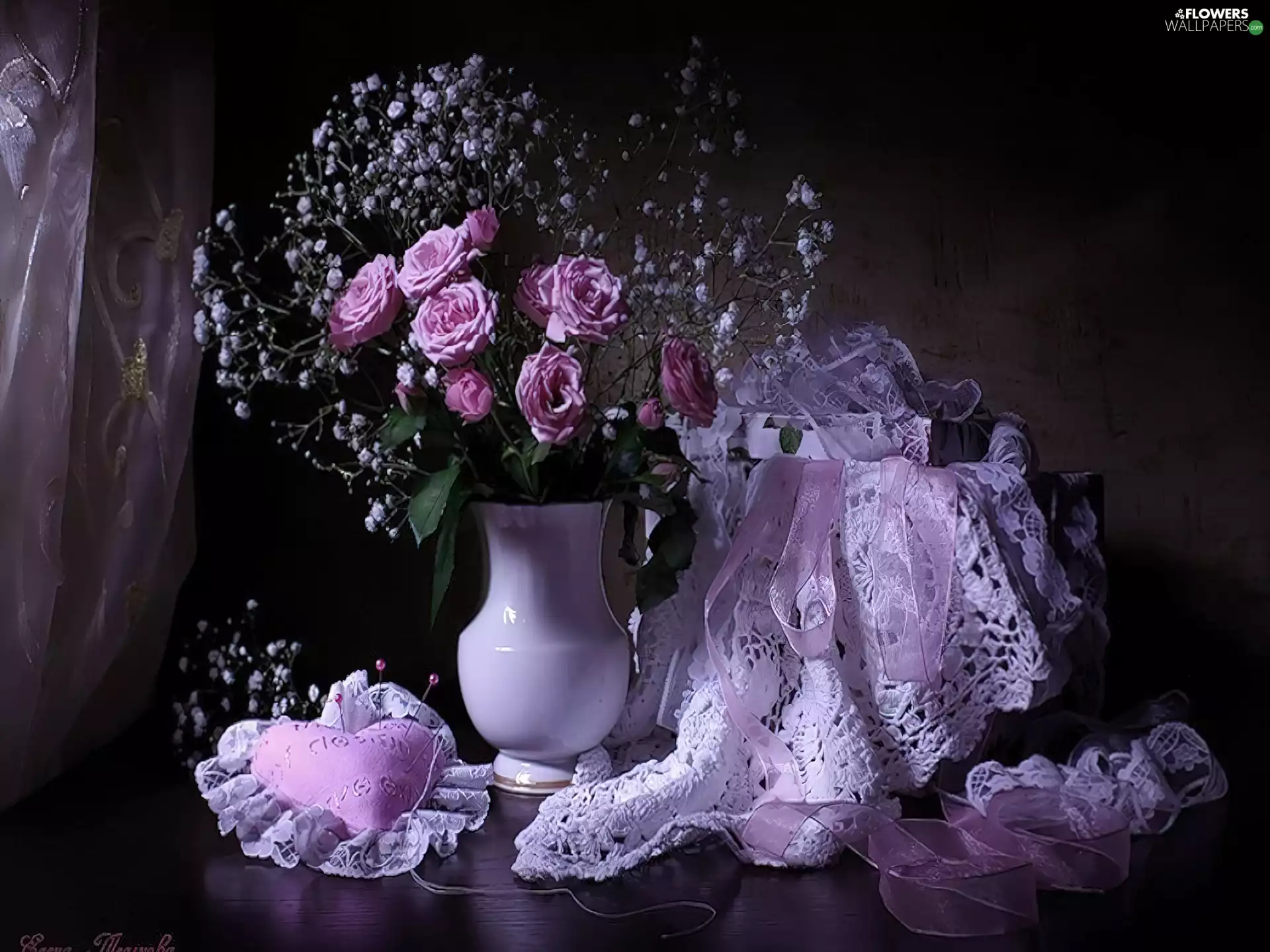 White, purple, roses, Vase