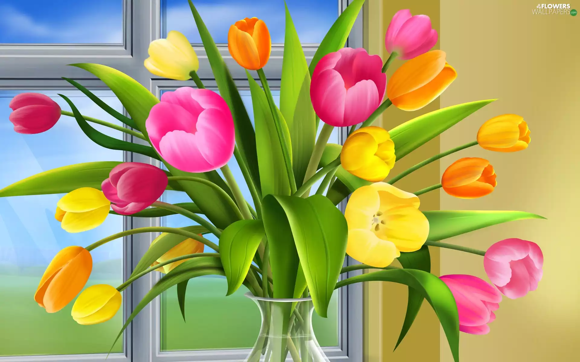 vase, Window, Tulips, glass, color