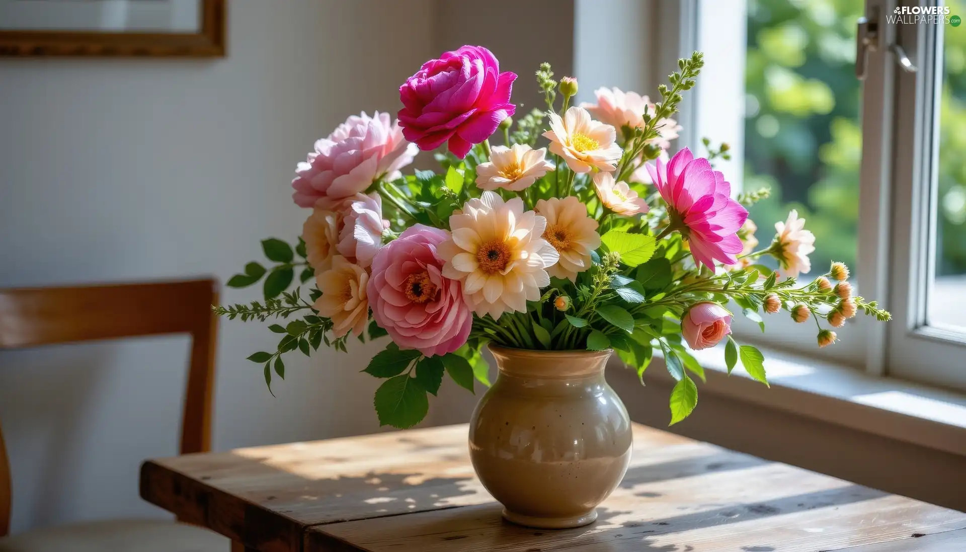 Peonies, dahlias, Window, bouquet, Table, color, Flowers, Vase