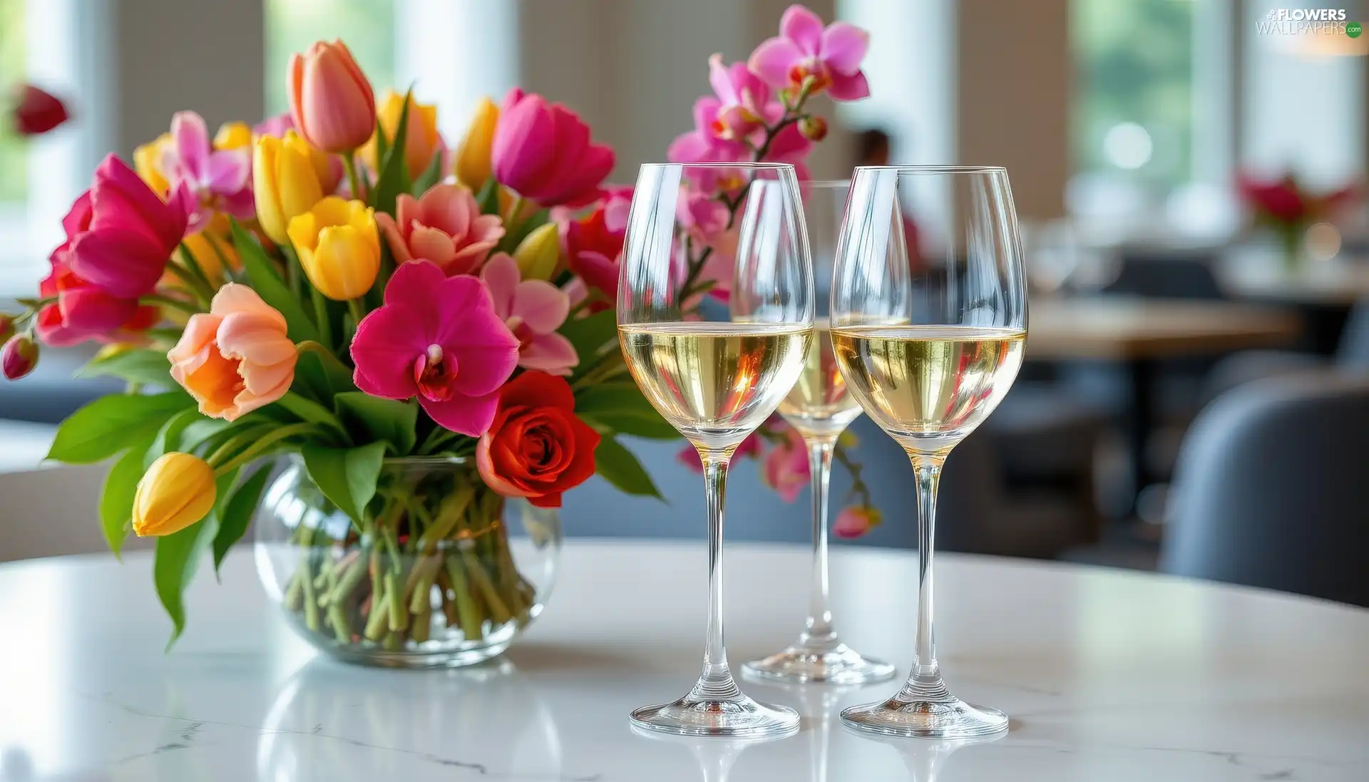 Flowers, Vase, Wine, bouquet, glasses