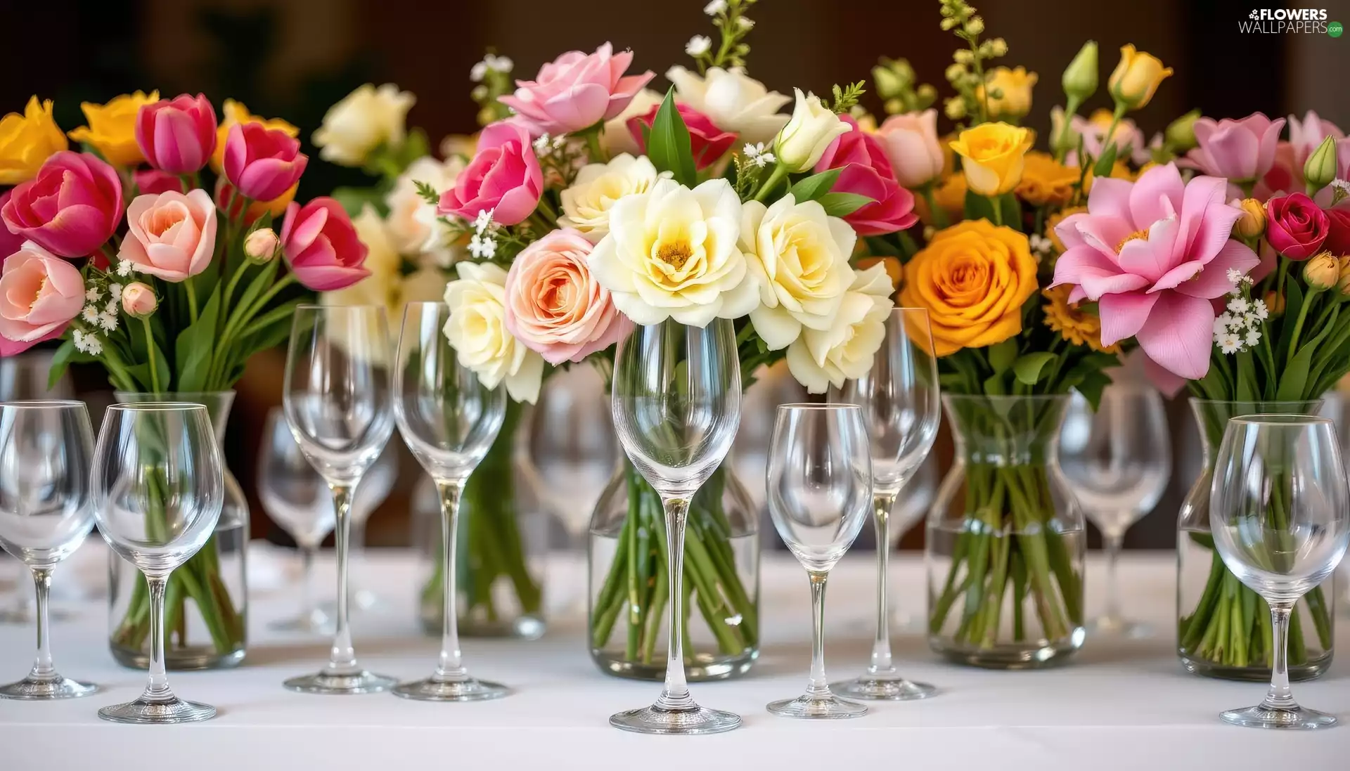 Flowers, vases, Bouquets, color, glasses