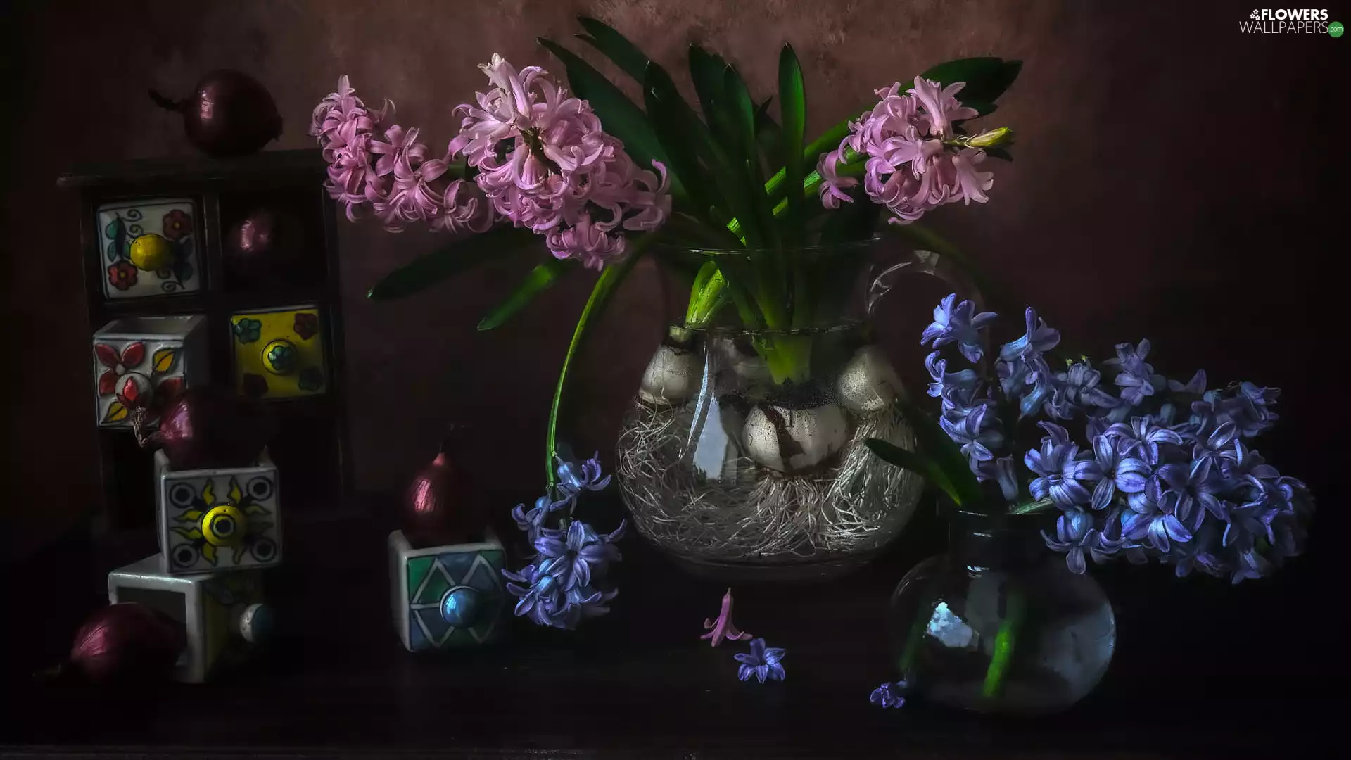 Pink, Blue, Boxes, Hyacinths, color, Flowers, composition, vases