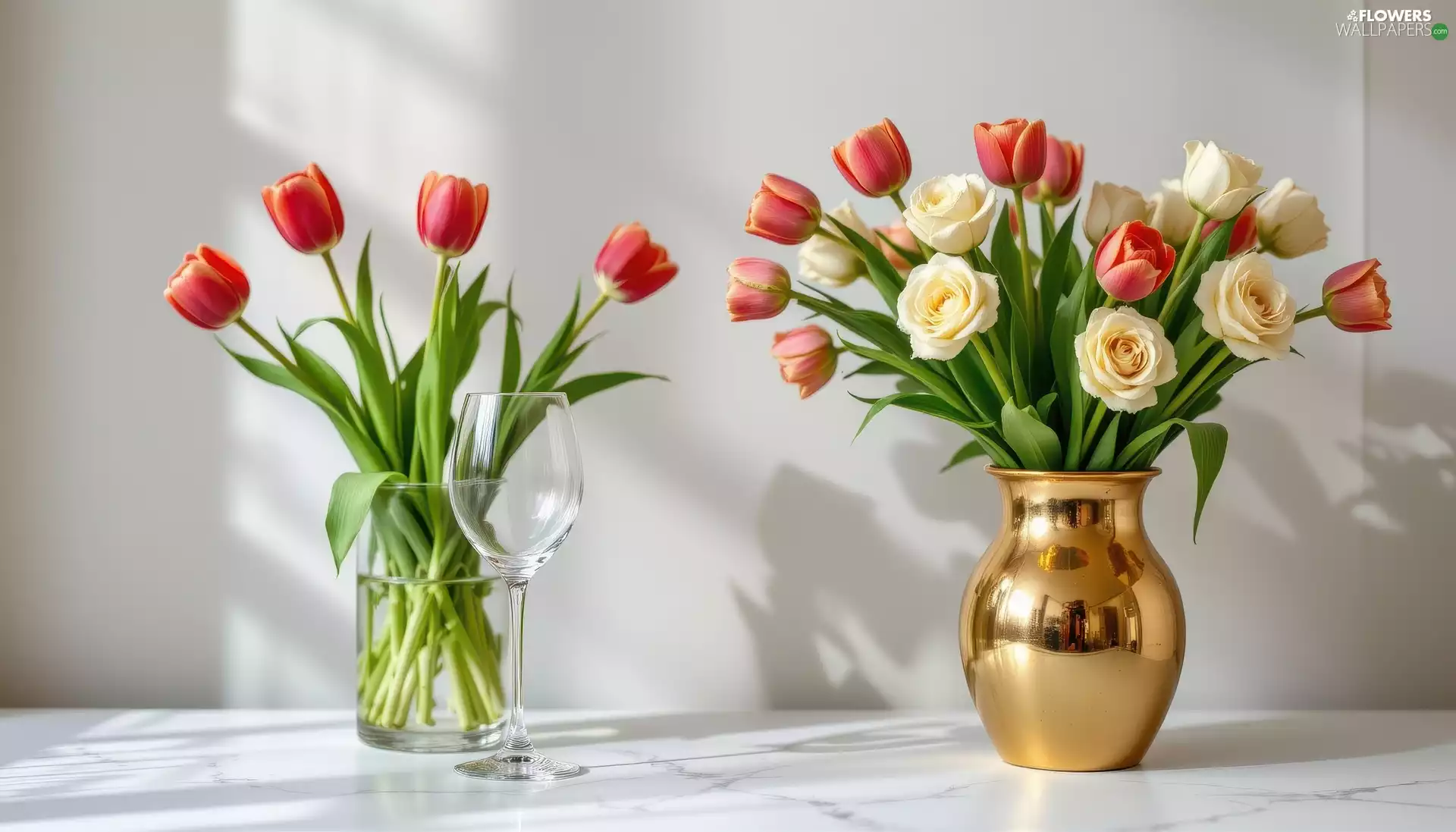 roses, Two cars, vases, glass, Tulips, Bouquets