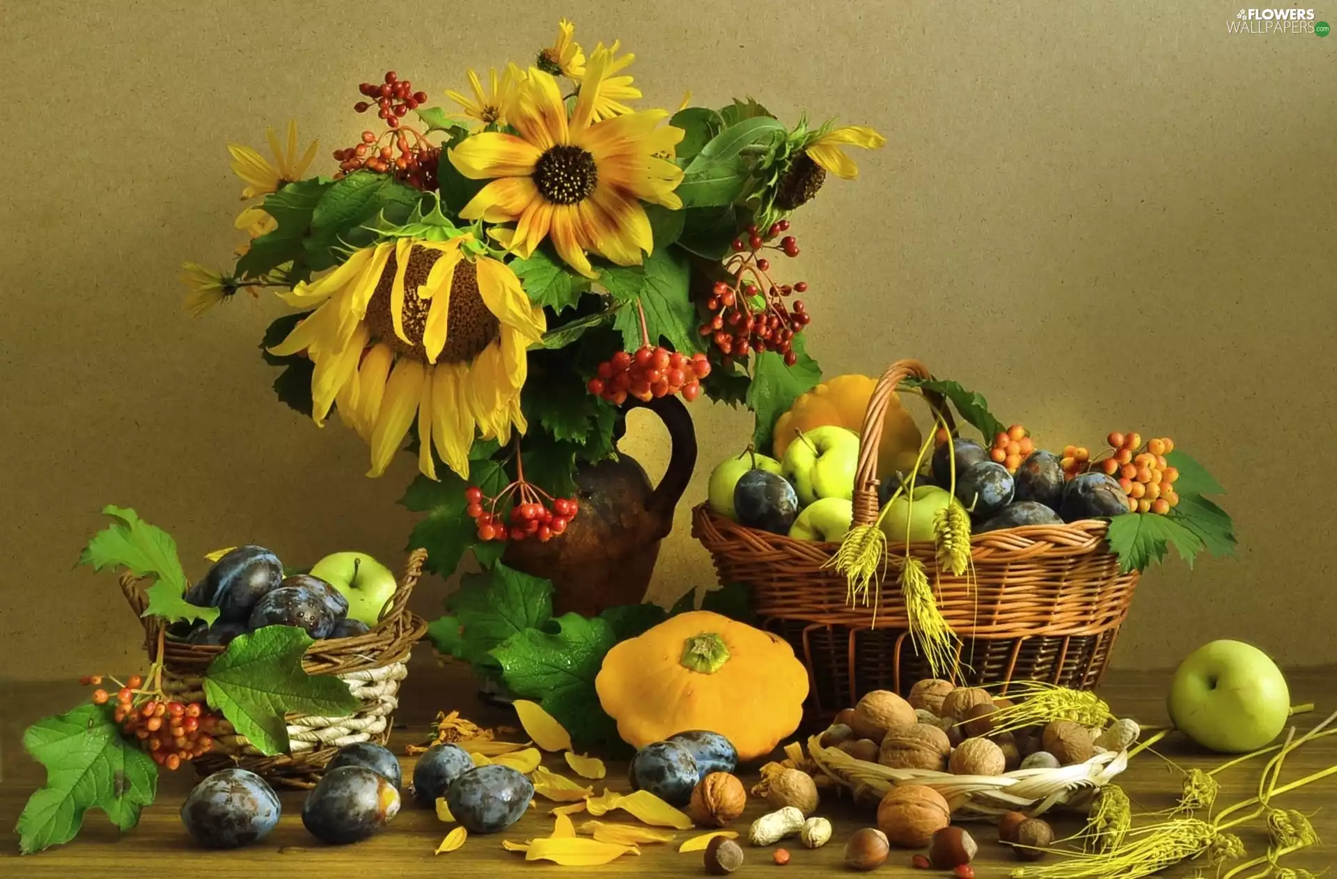 Fruits, vegetables, bouquet, sunflowers, Flowers