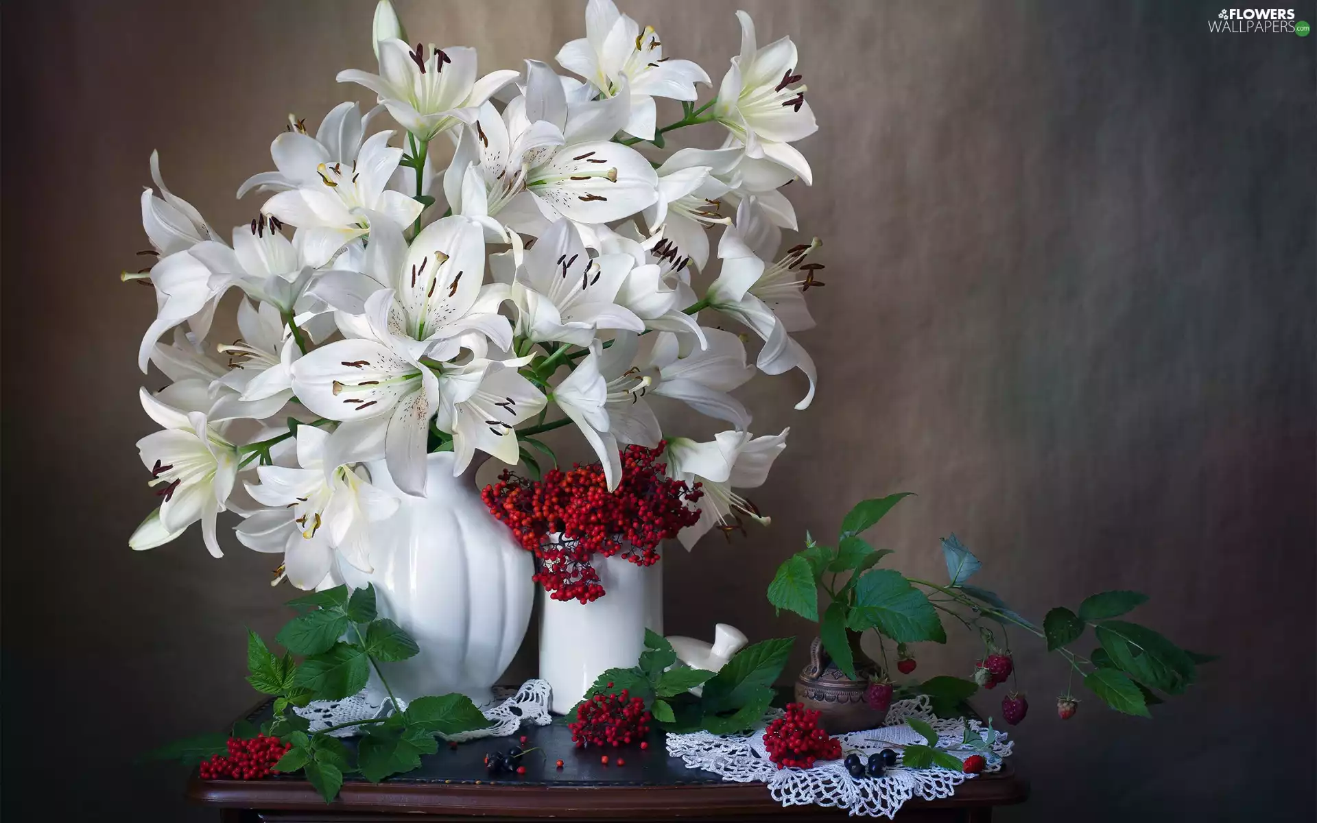 Vase, Viburnum, White, lilies, Flowers