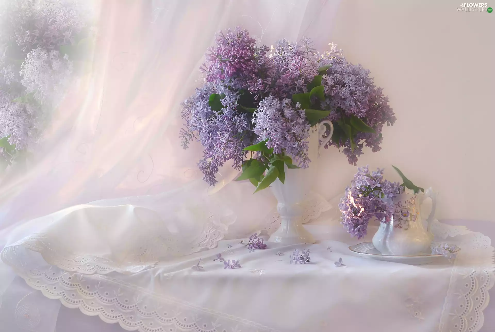 Violet, Flowers, Syringa, without, Window, composition, Vase, jug, bouquet