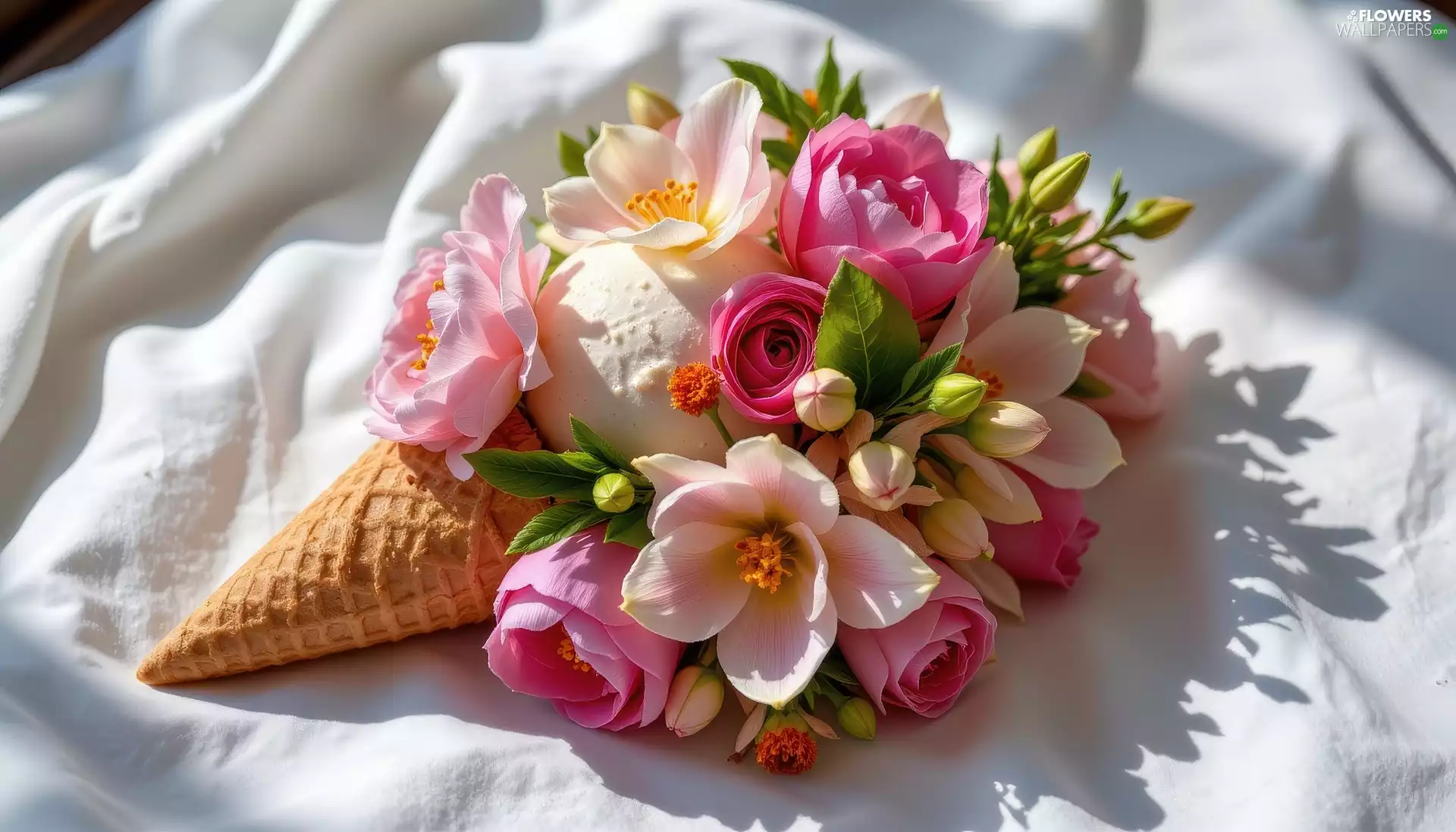 bouquet, color, Horn, Waffle, Icecream, Flowers