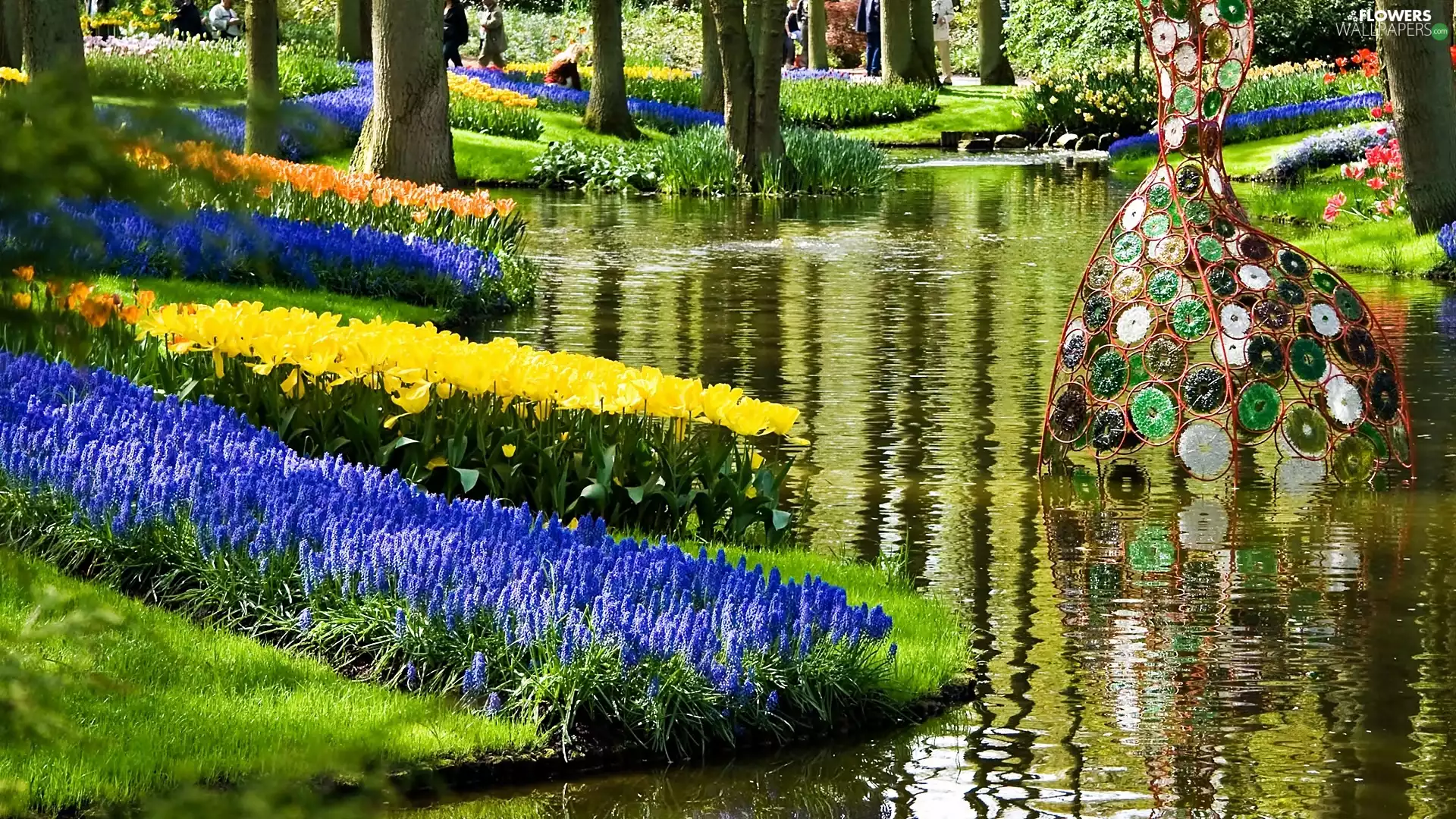 River, Spring, Flower, walkers, sculpture, Park