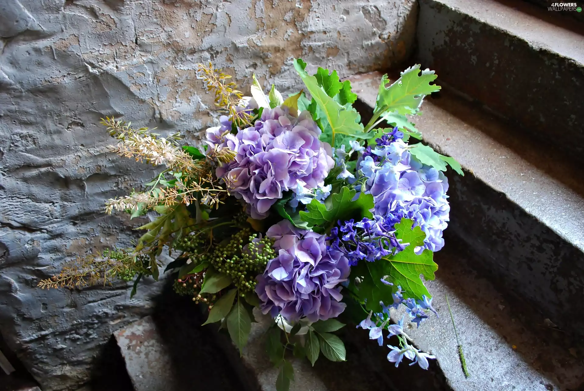 Stairs, wall, flowers, hydrangeas, bouquet