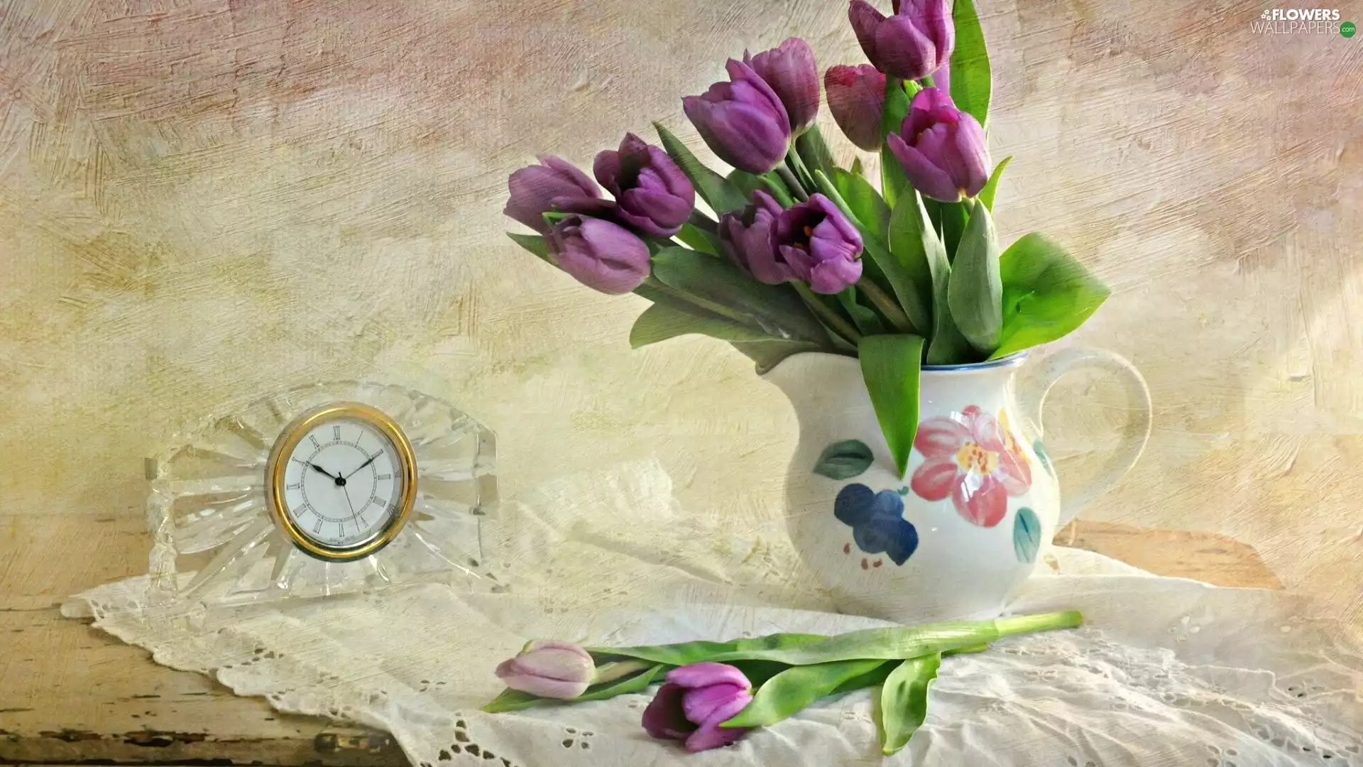 jug, Watch, Tulips, bouquet, purple