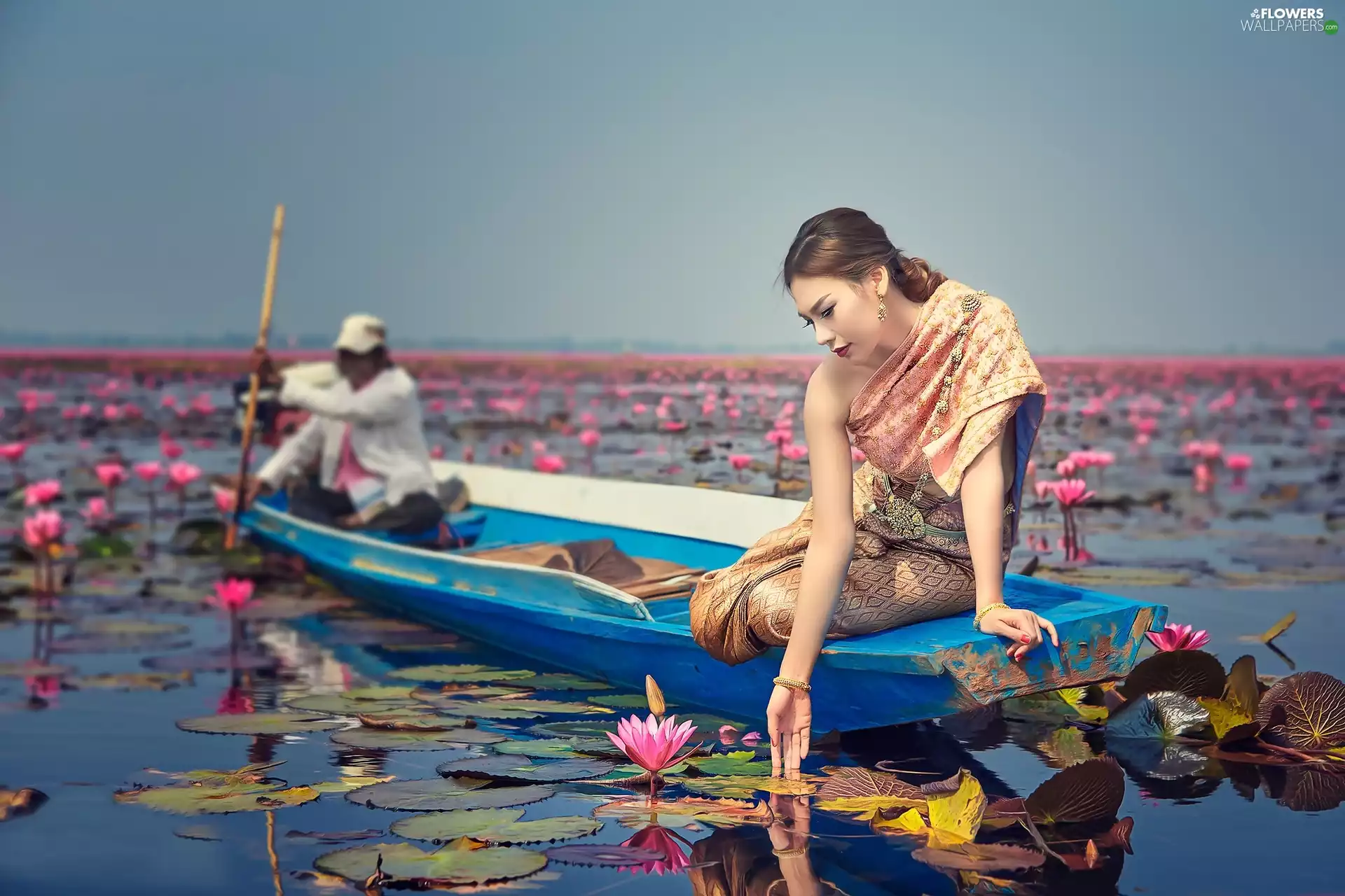 lilies, water, Boat, Women, lake