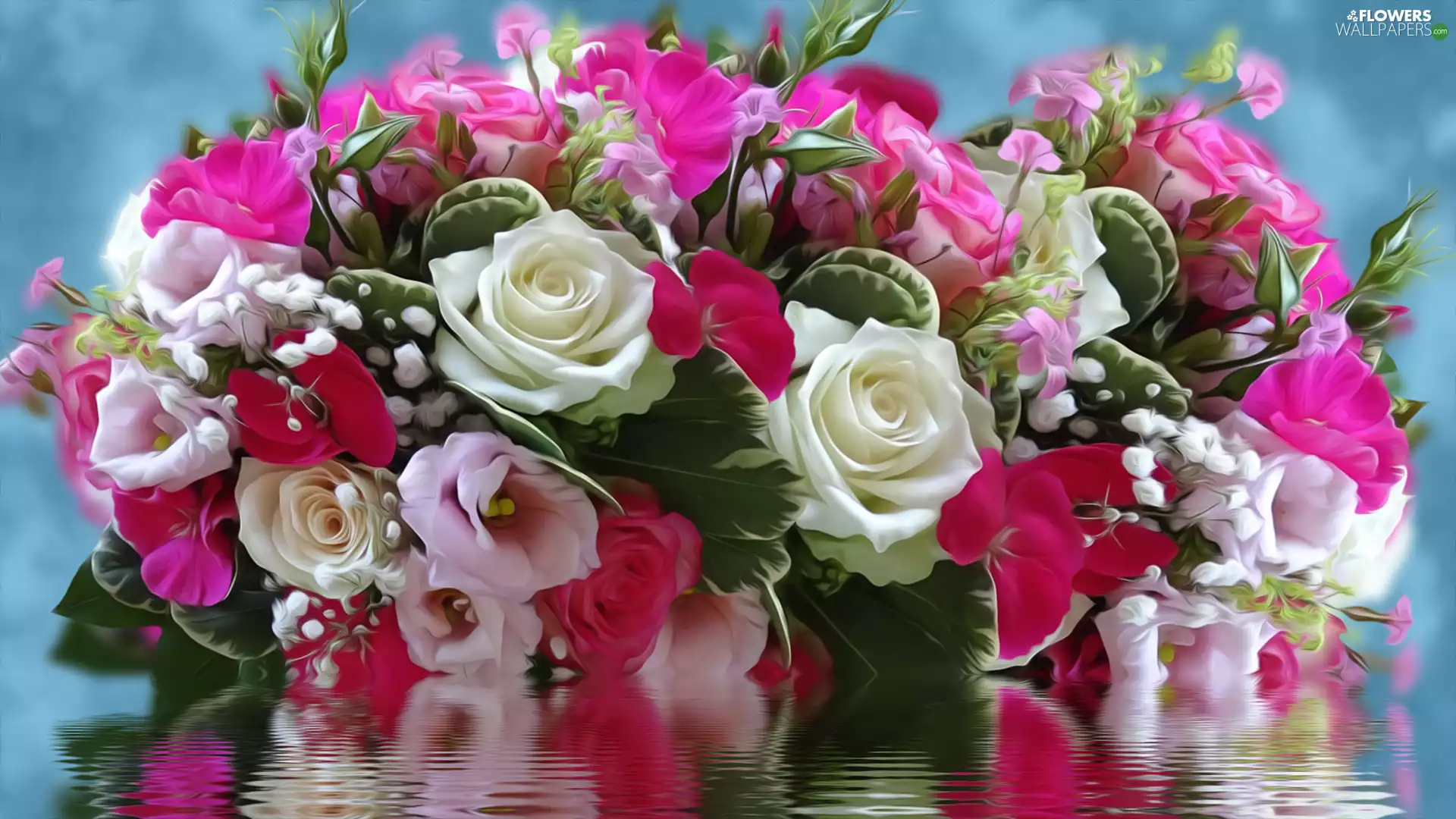 roses, water, bouquet, Flowers, graphics