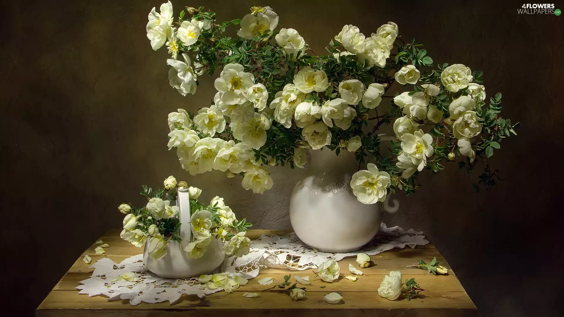 Table, roses, Vase, White