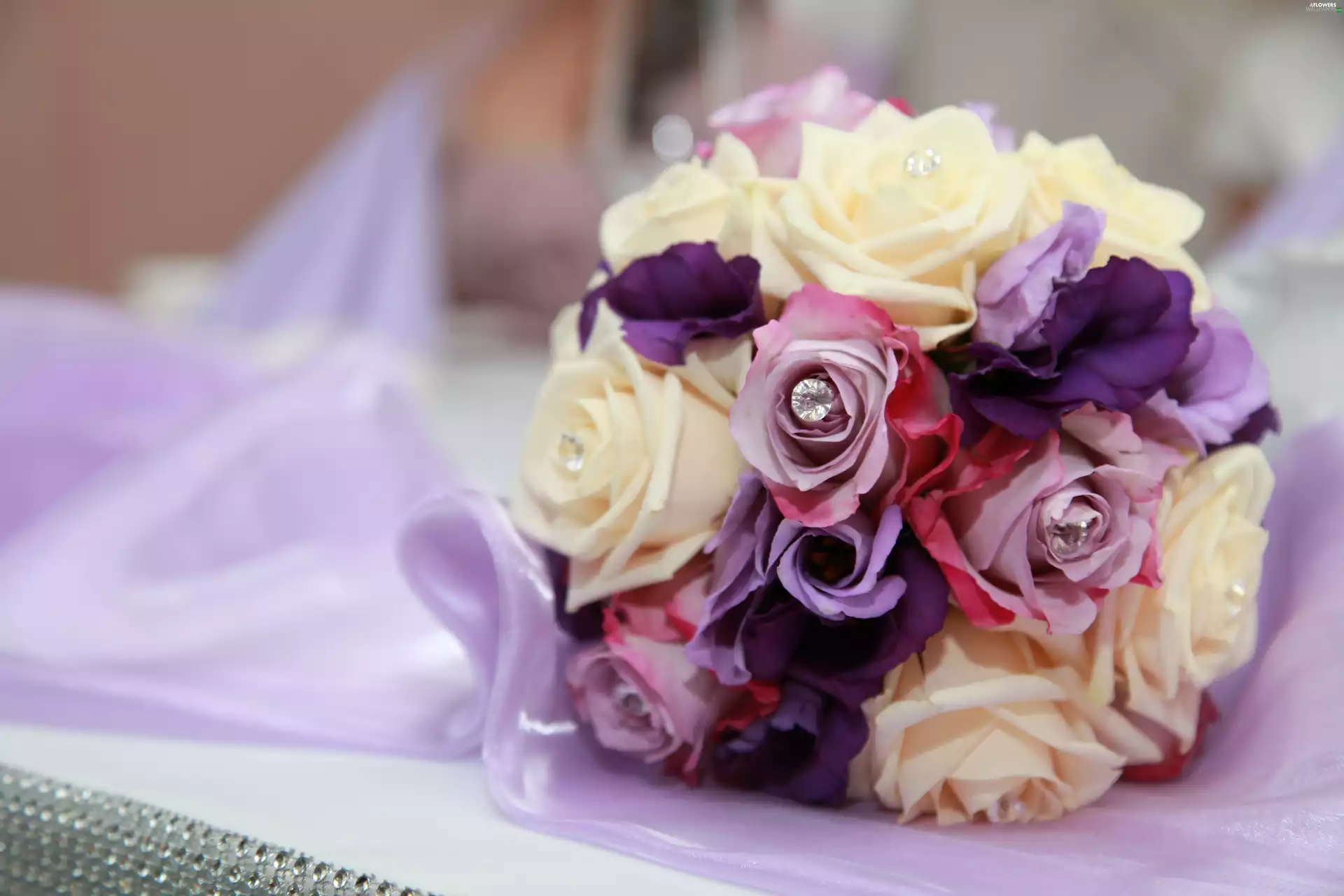 purple, White, wedded, roses, bouquet