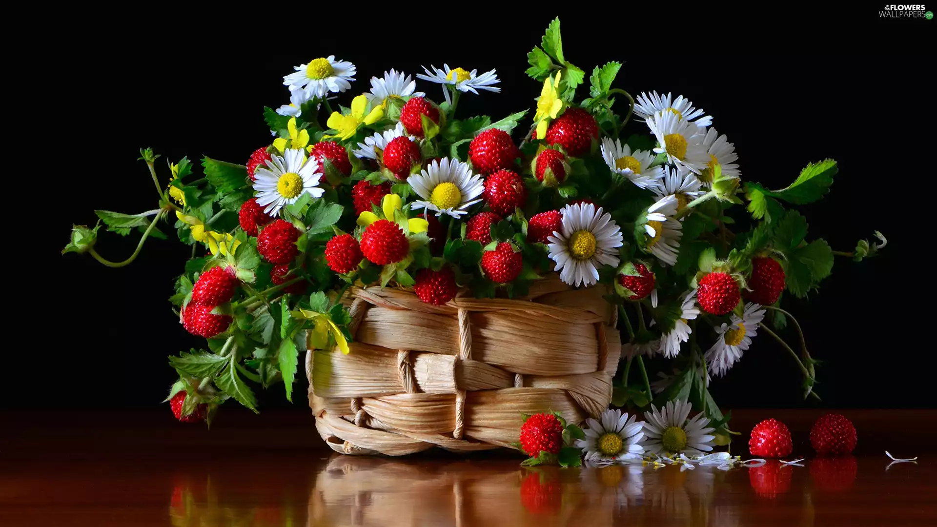 basket, daisies, Strawberries, wicker