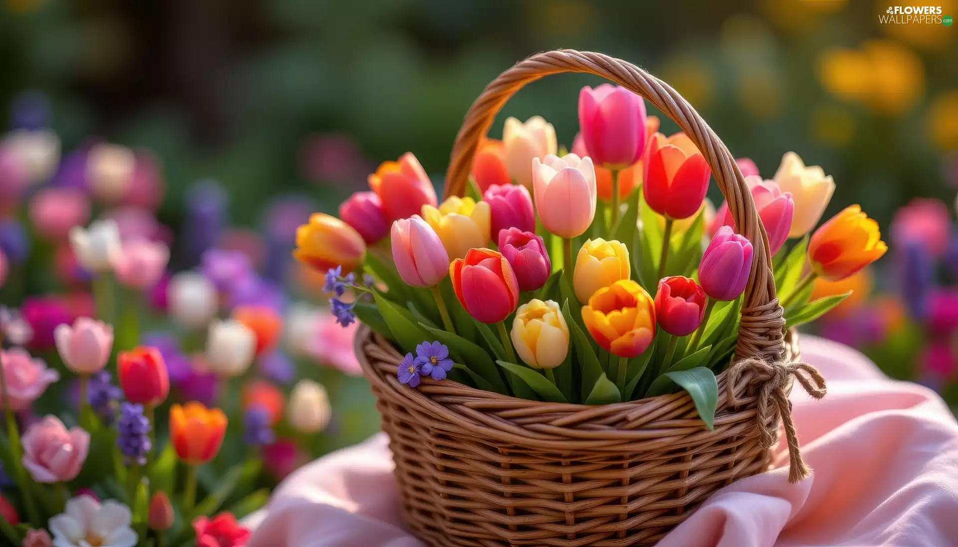 basket, wicker, Tulips, color, Flowers