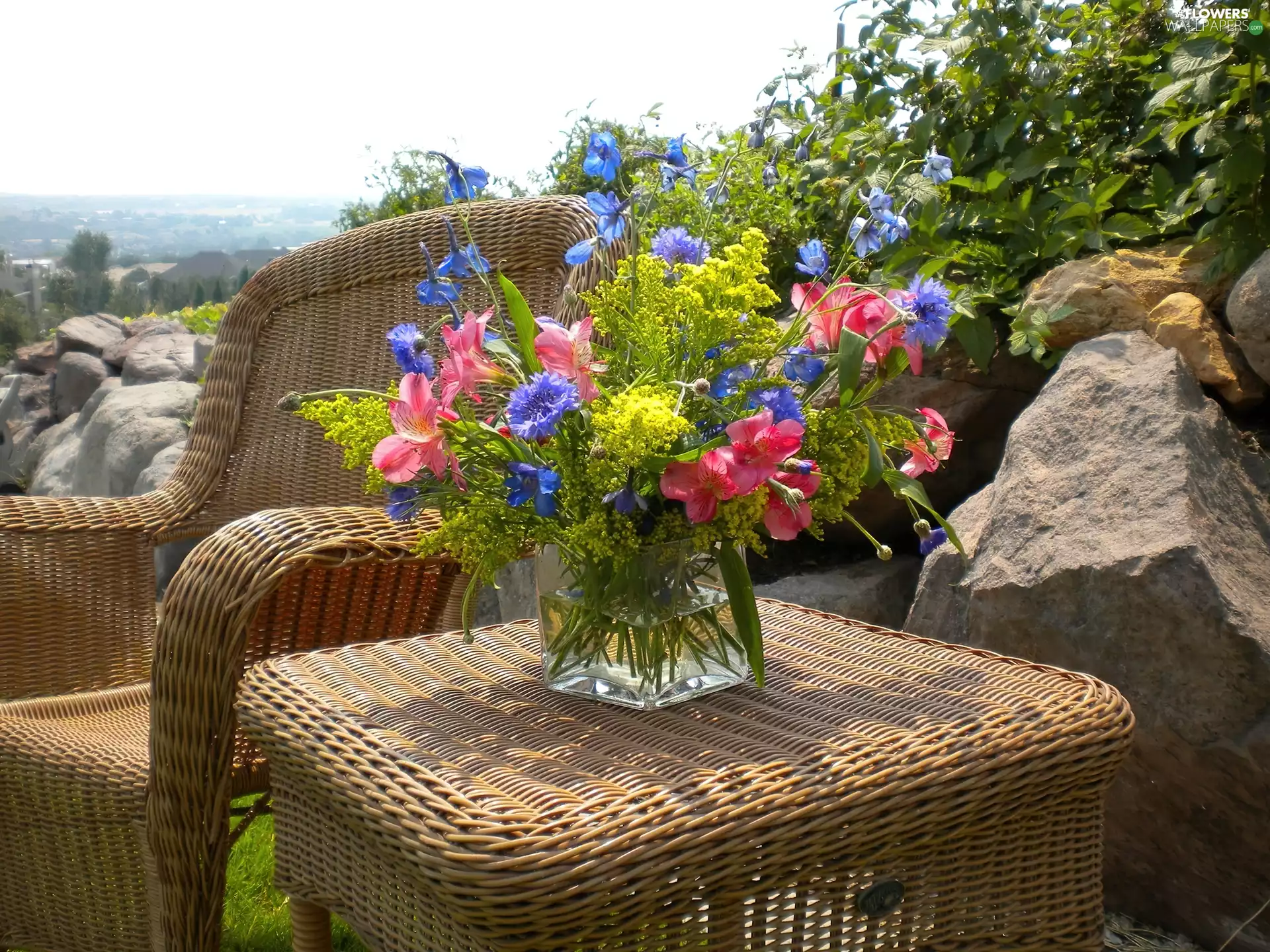 wild, flowers, furniture, bouquet, wicker